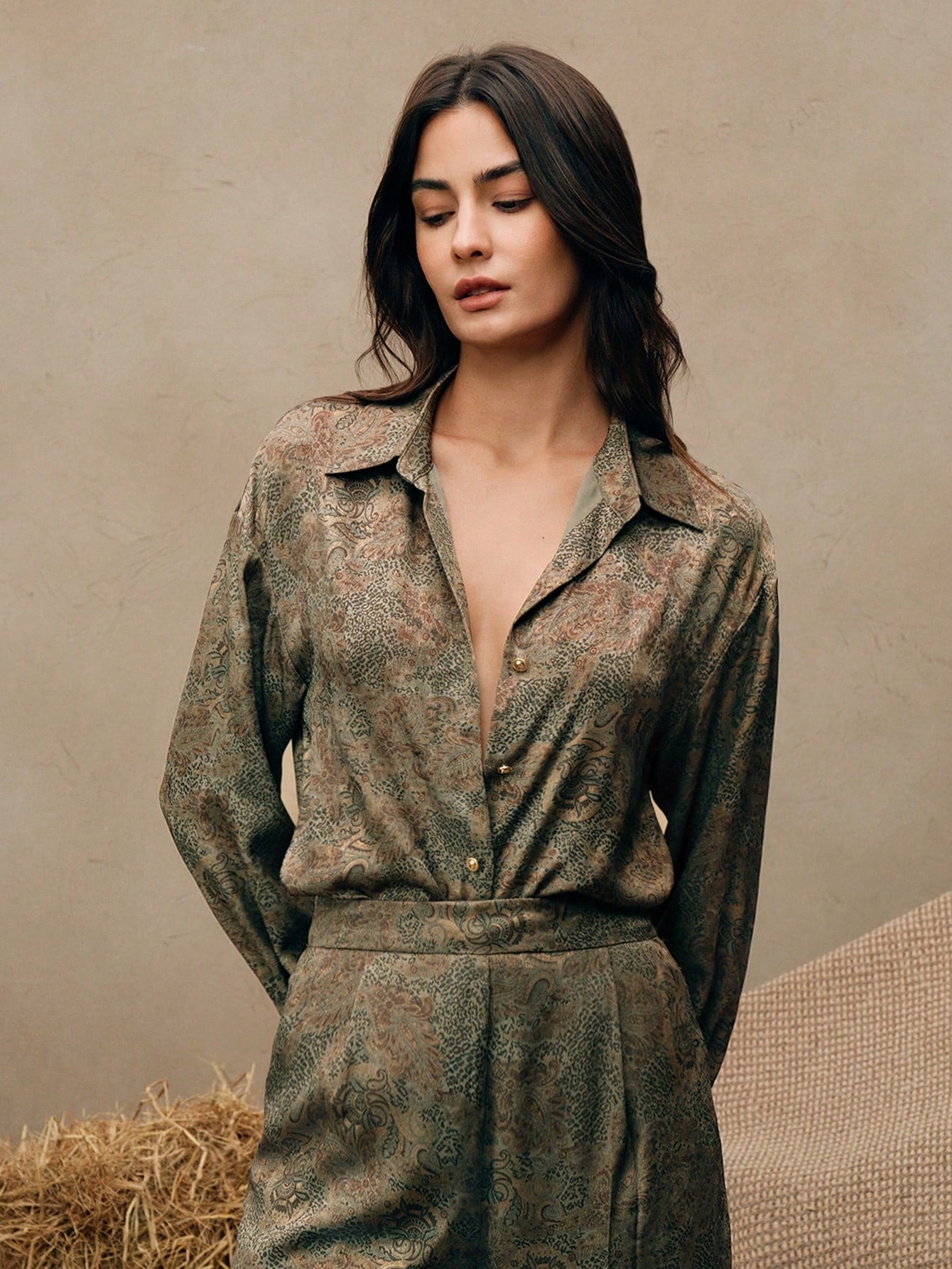 Army Green Elegant Leopard & Paisley Print Co-ord Set