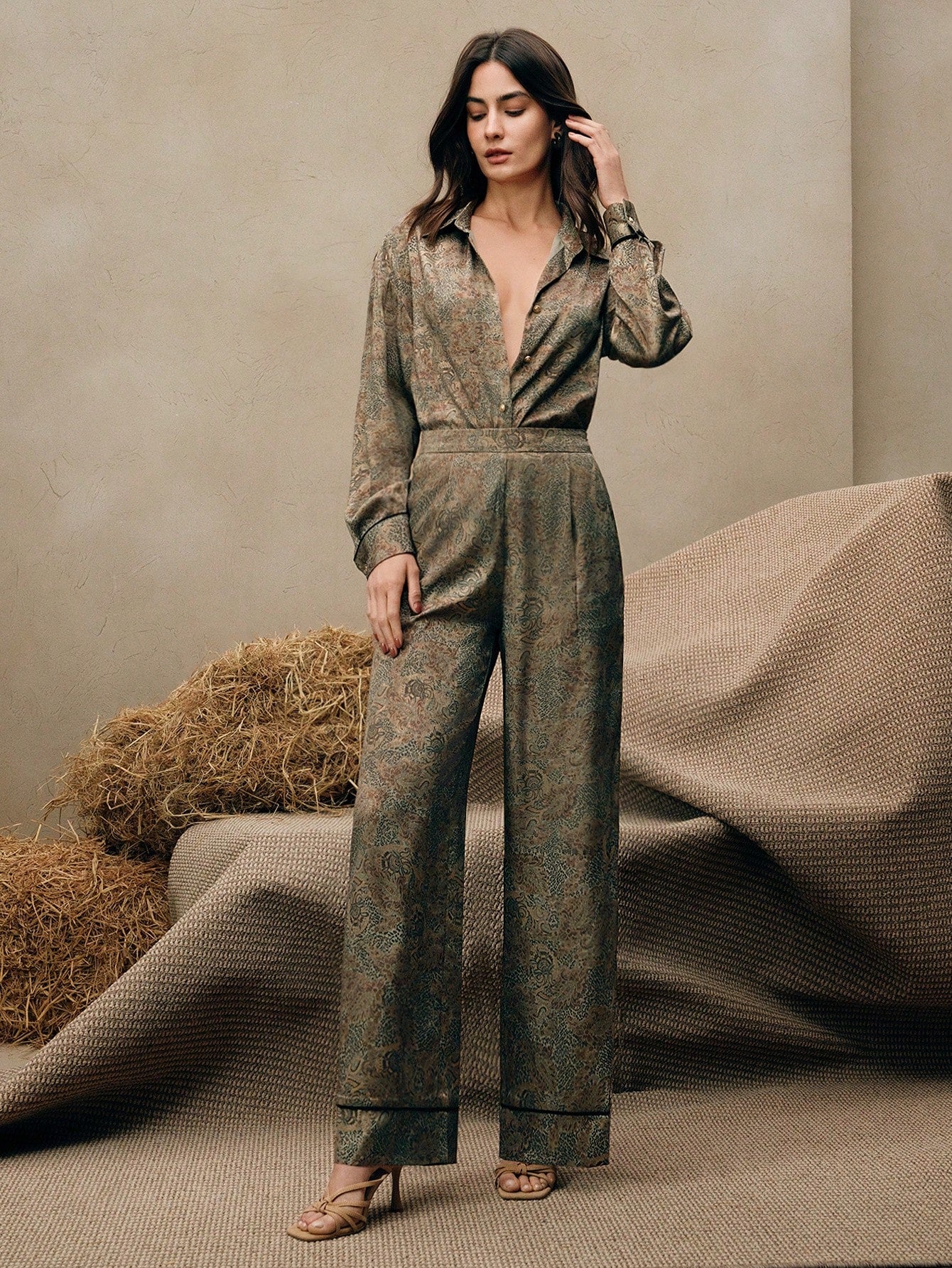 Army Green Elegant Leopard & Paisley Print Co-ord Set