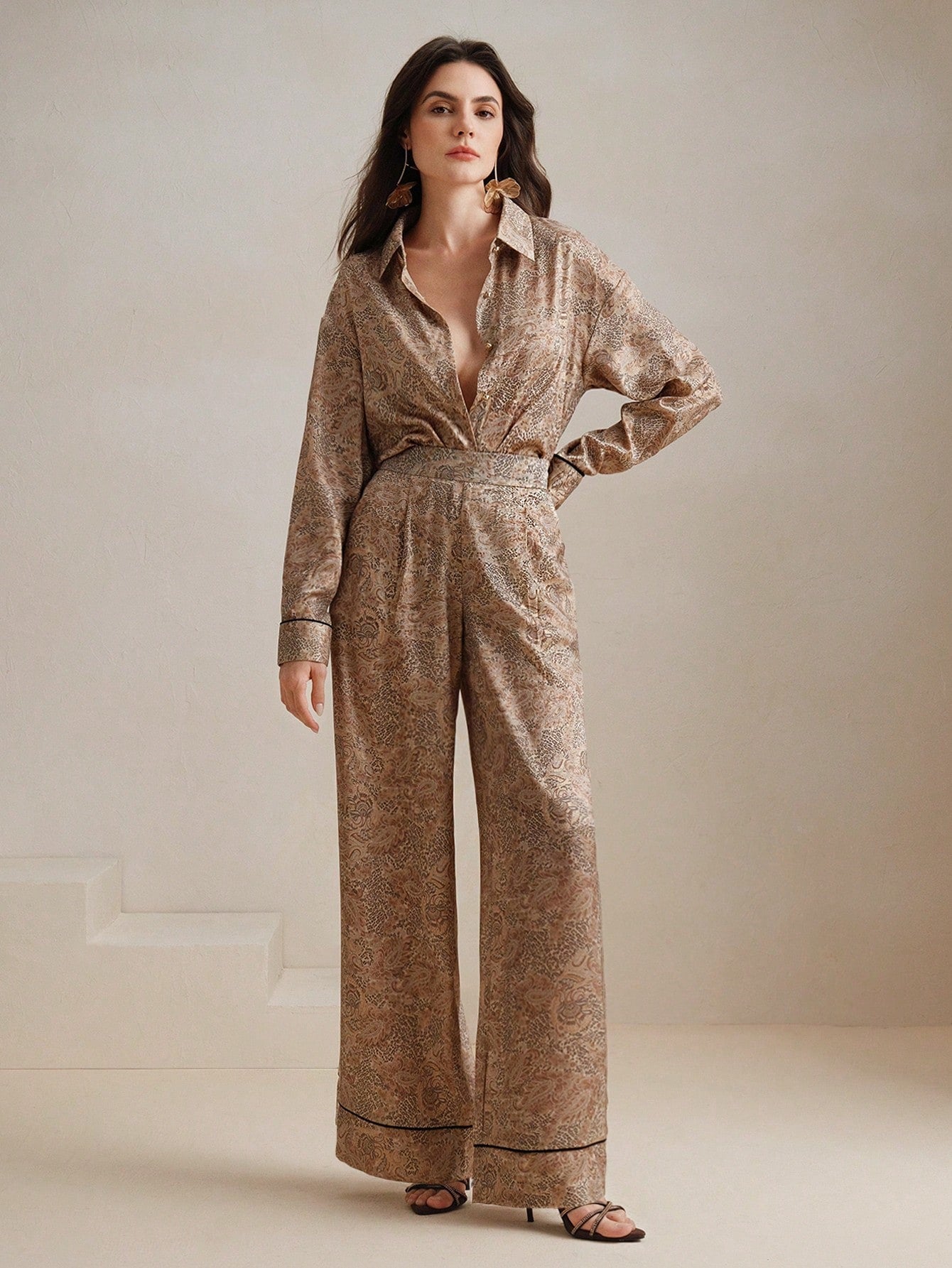 Khaki Elegant Leopard & Paisley Print Co-ord Set