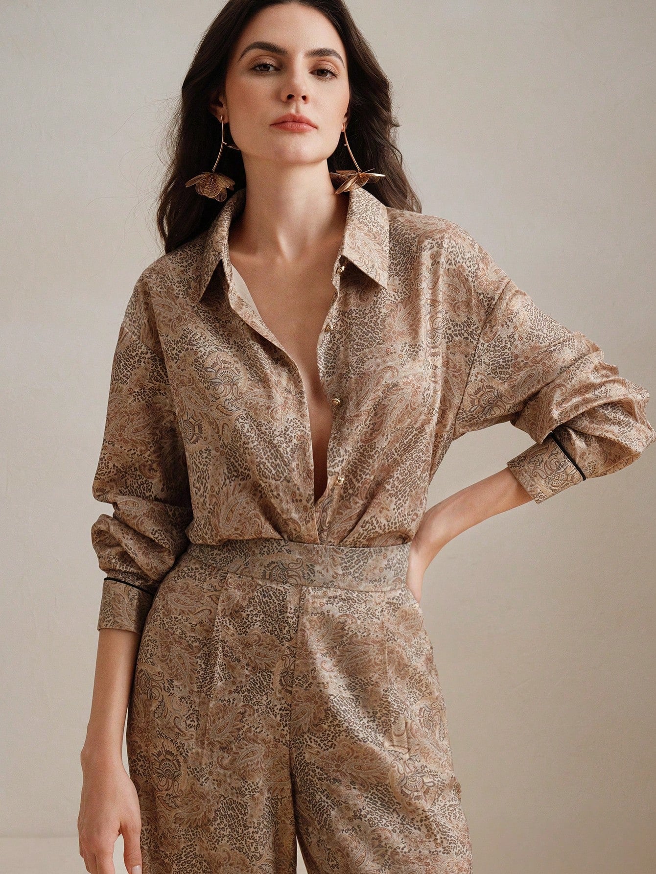 Khaki Elegant Leopard & Paisley Print Co-ord Set