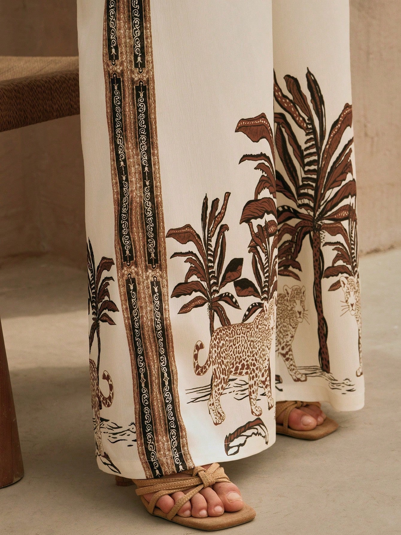 Vintage-Style Printed Blouse And Wide Leg Pants Two Pieces Set