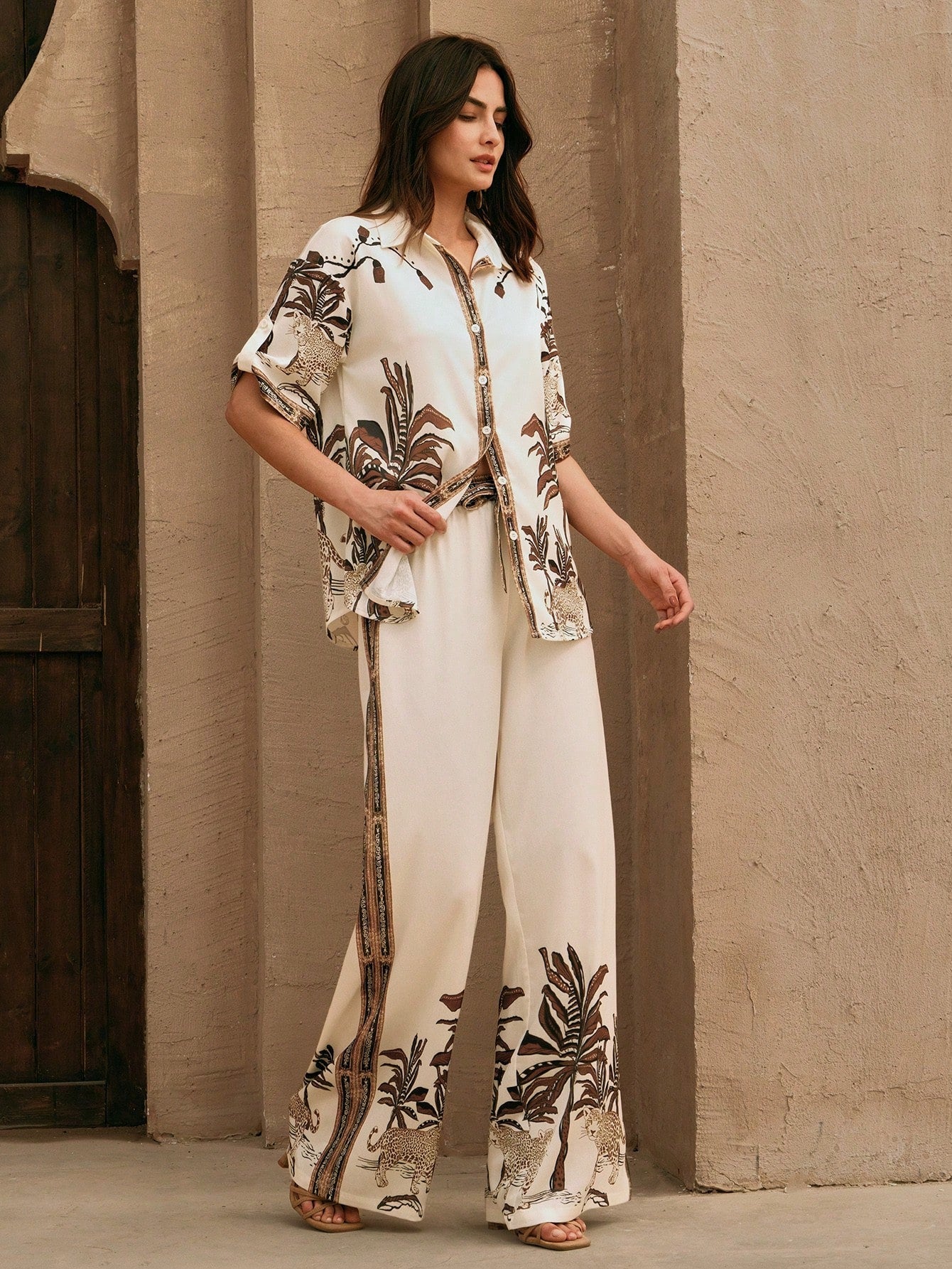 Vintage-Style Printed Blouse And Wide Leg Pants Two Pieces Set