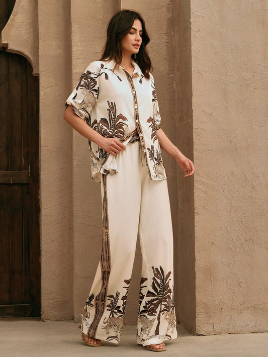 Vintage-Style Printed Blouse And Wide Leg Pants Two Pieces Set