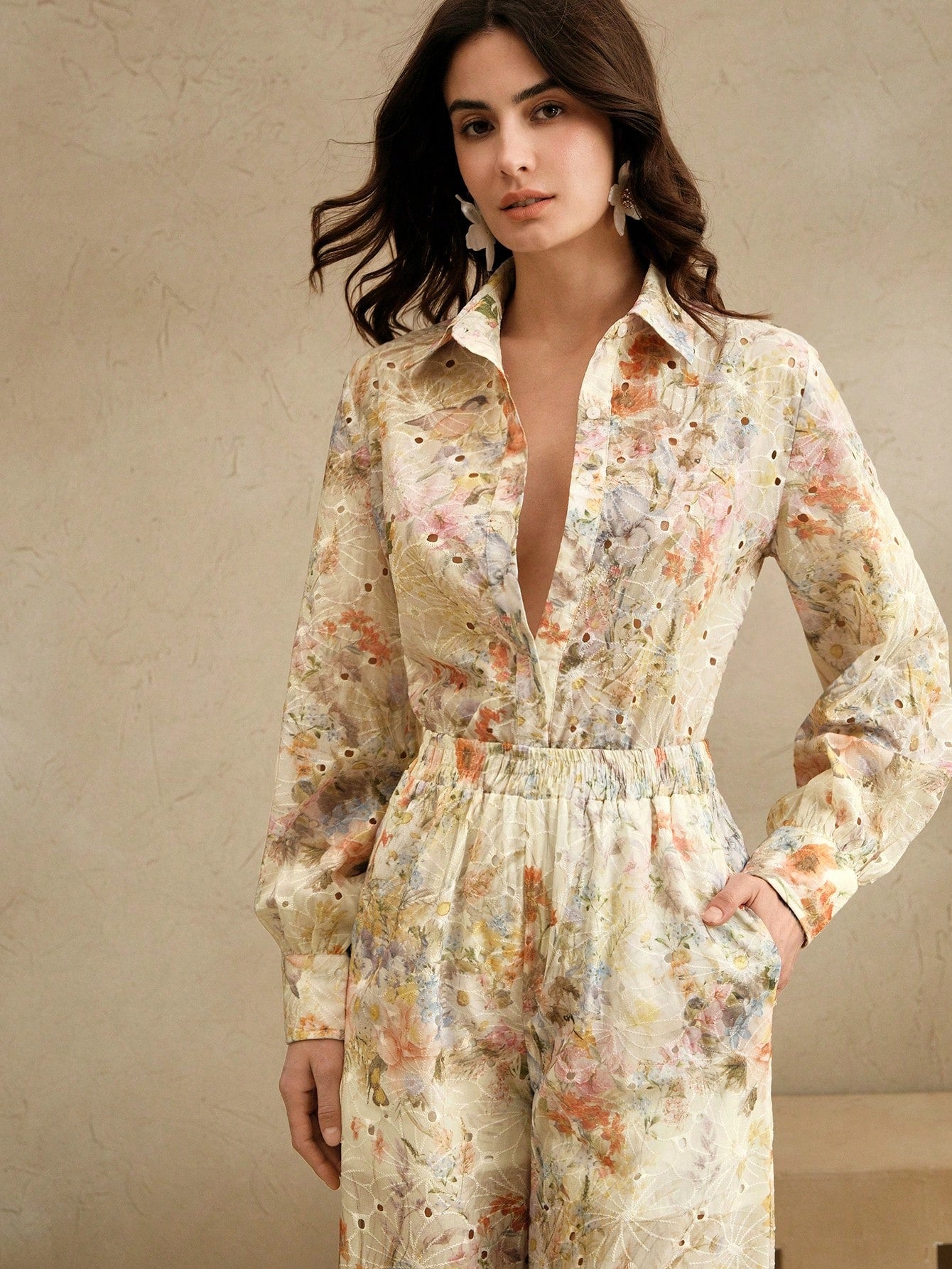 Multicolour Front Button Long Sleeve Printed Blouse And Pants Co-ord Set