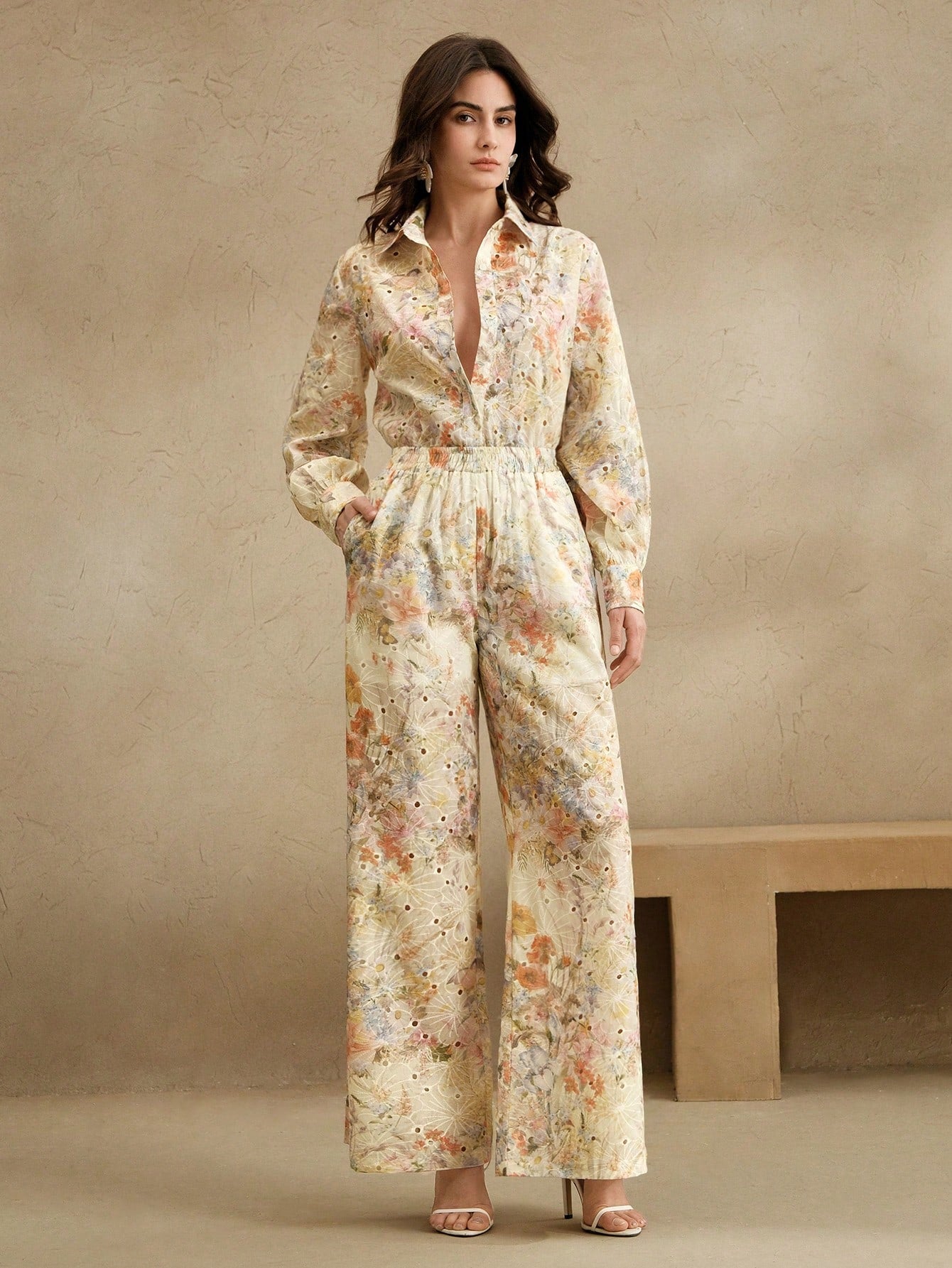 Multicolour Front Button Long Sleeve Printed Blouse And Pants Co-ord Set