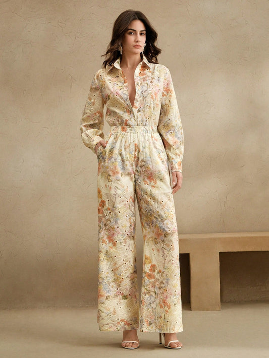 Multicolour Front Button Long Sleeve Printed Blouse And Pants Co-ord Set