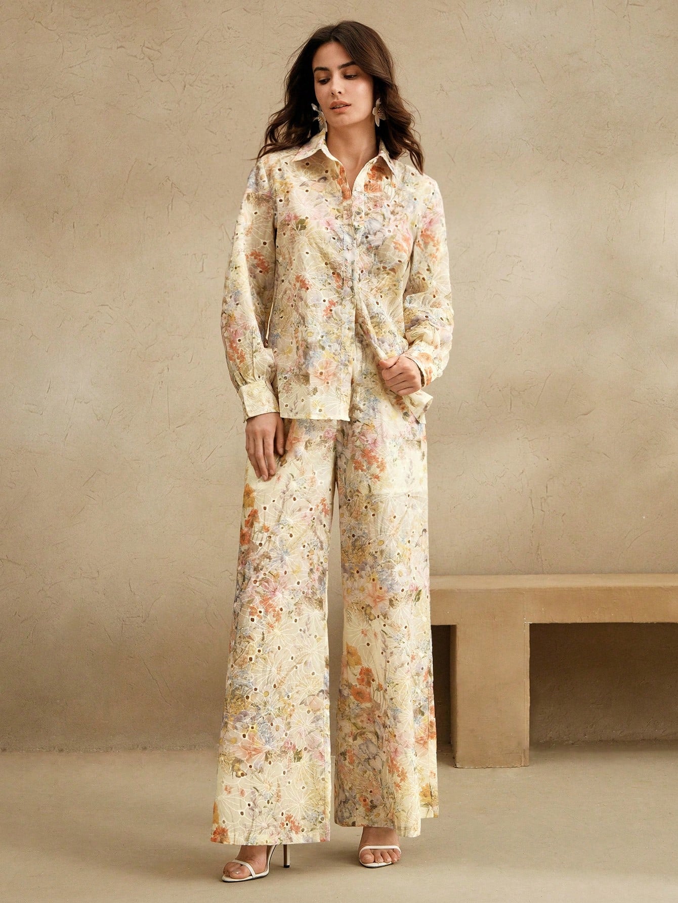Multicolour Front Button Long Sleeve Printed Blouse And Pants Co-ord Set