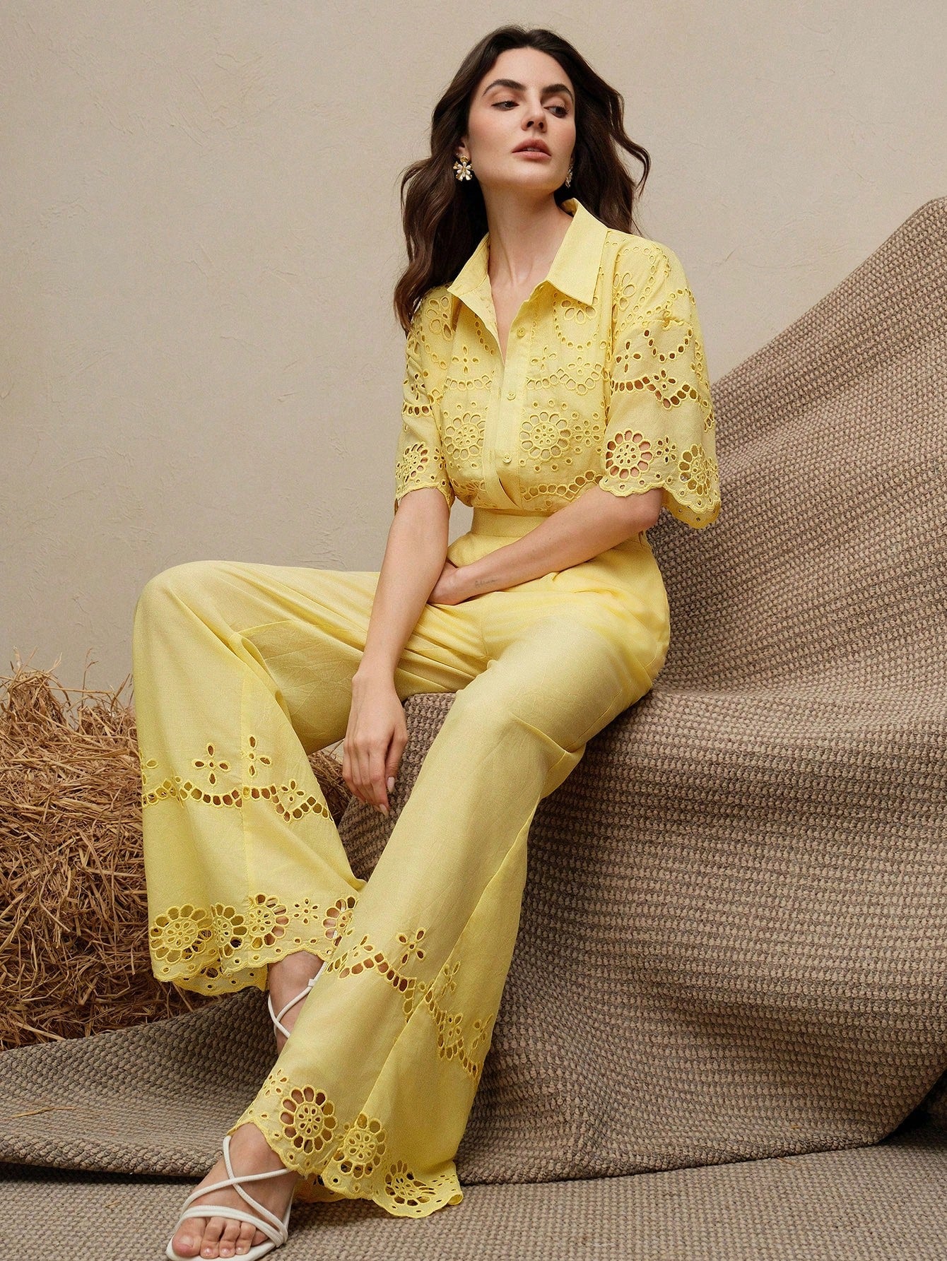 Wave Embroidery Openwork Shirt & Wide Leg Pants Co-ord Set