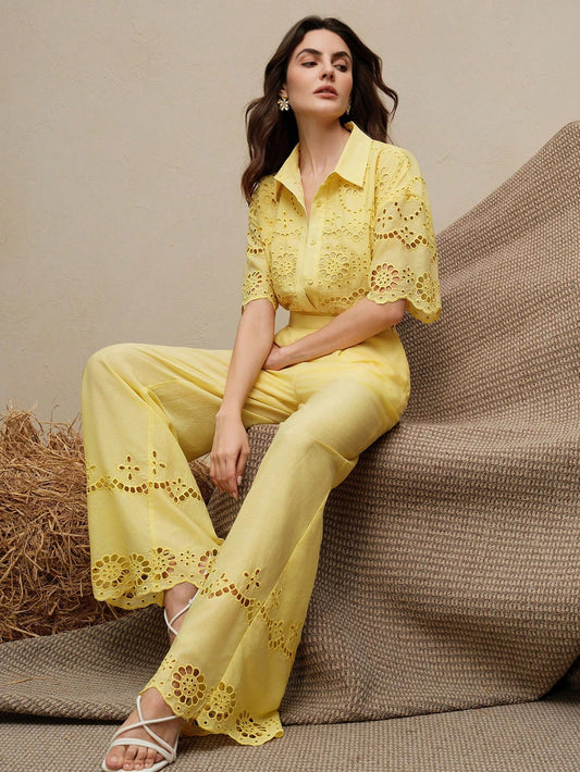 Wave Embroidery Openwork Shirt & Wide Leg Pants Co-ord Set