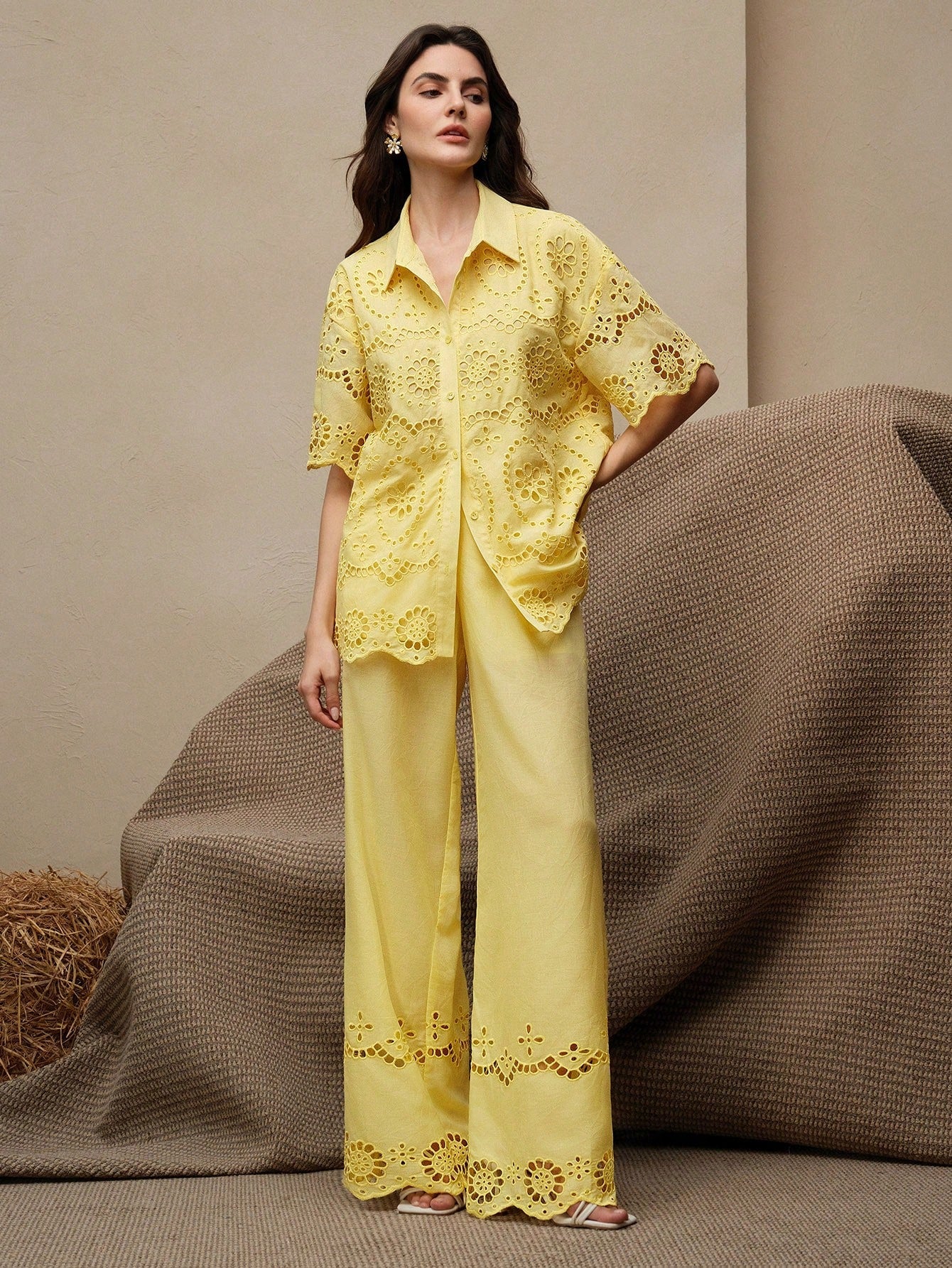 Wave Embroidery Openwork Shirt & Wide Leg Pants Co-ord Set