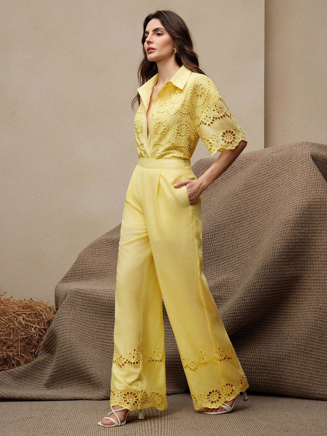 Wave Embroidery Openwork Shirt & Wide Leg Pants Co-ord Set