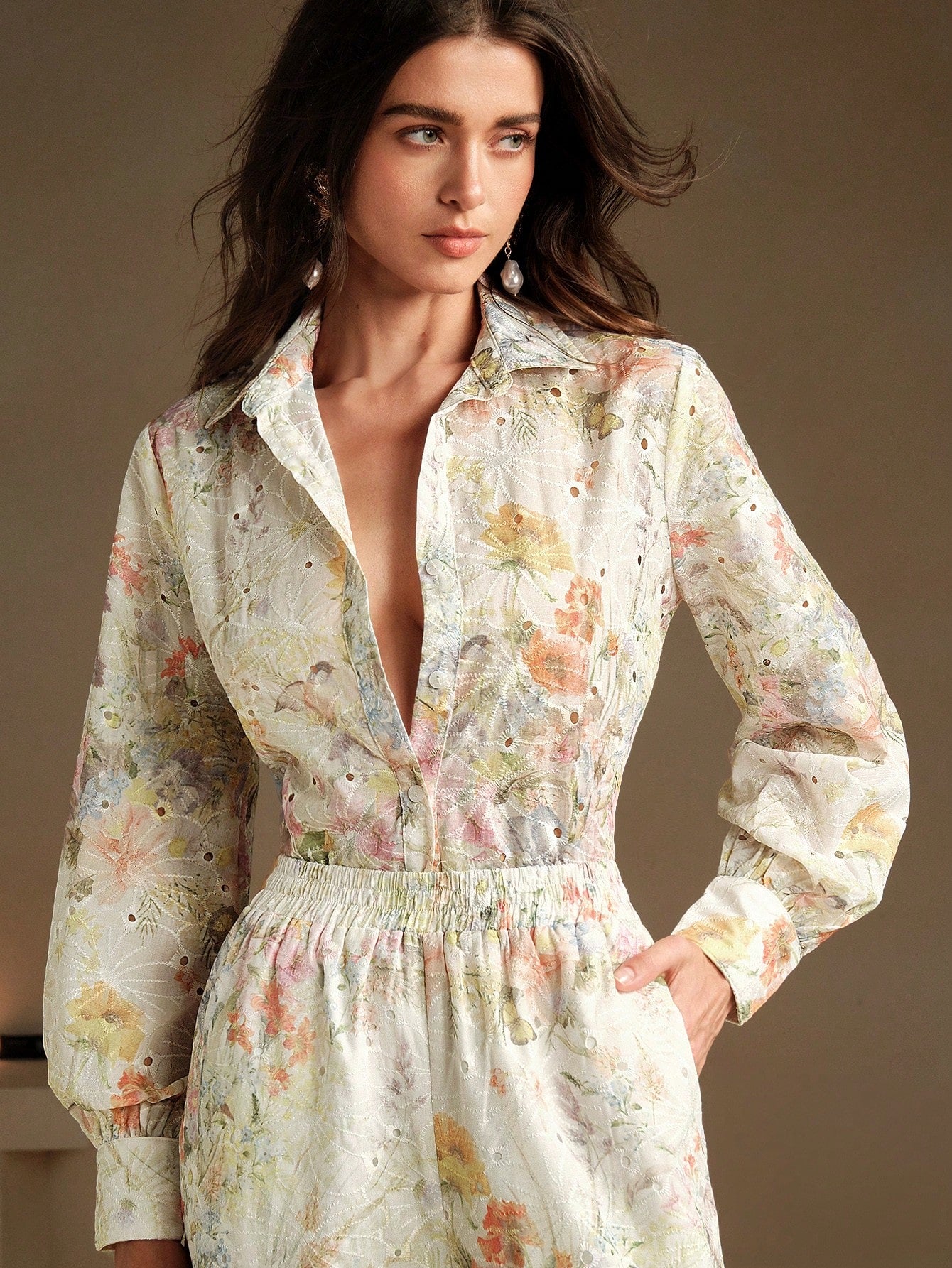 Floral Embroidery Long Sleeve Button-Down Shirt And Wide Leg Pant