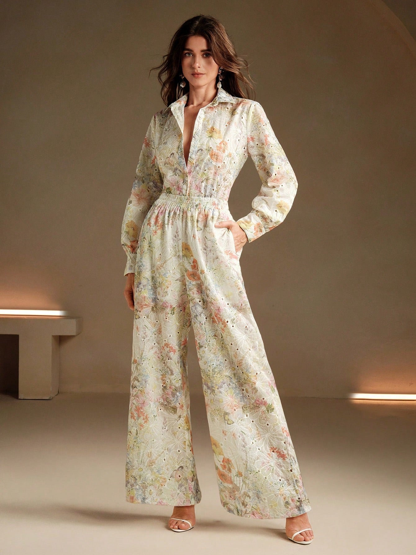 Floral Embroidery Long Sleeve Button-Down Shirt And Wide Leg Pant
