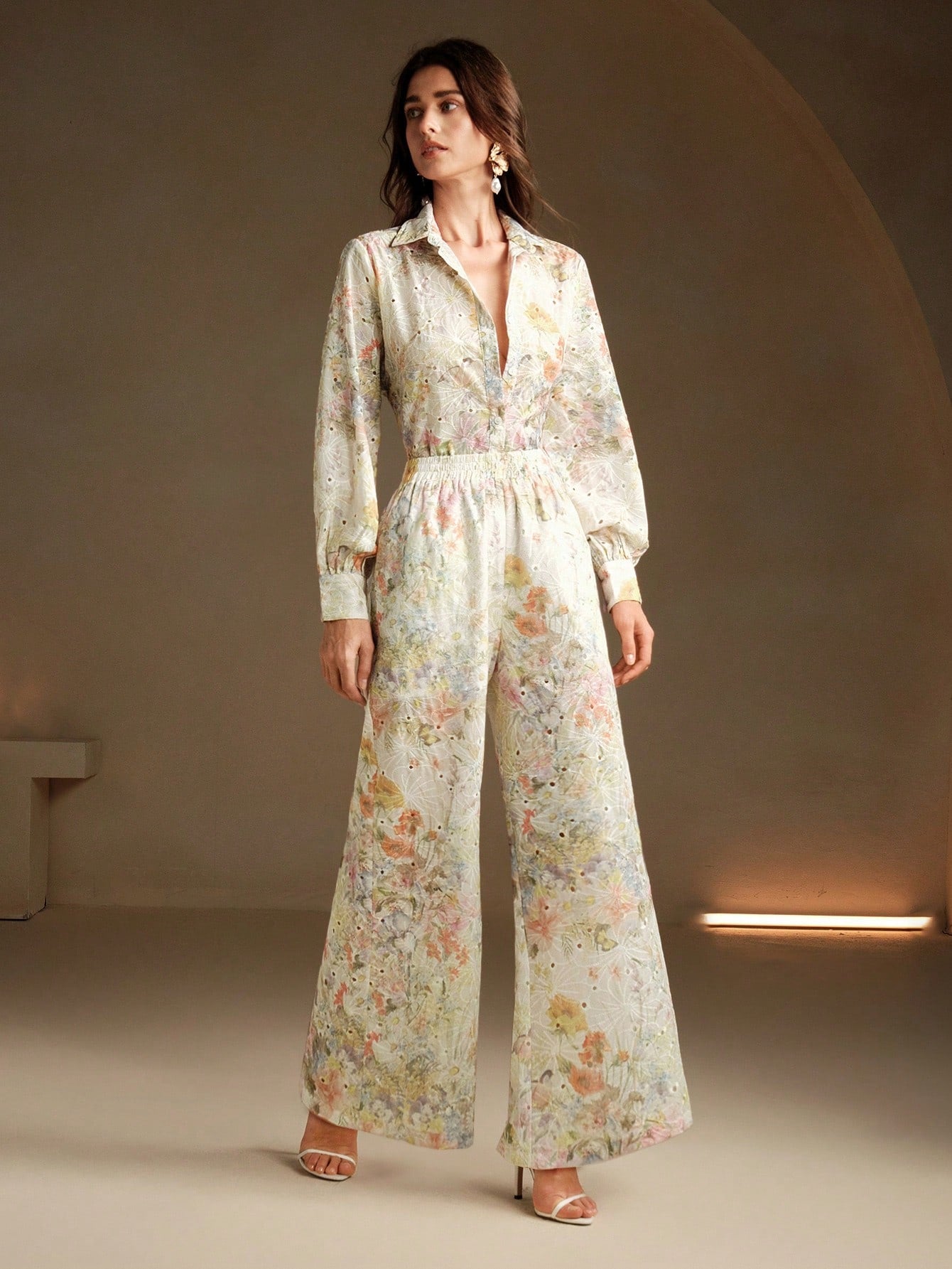 Floral Embroidery Long Sleeve Button-Down Shirt And Wide Leg Pant