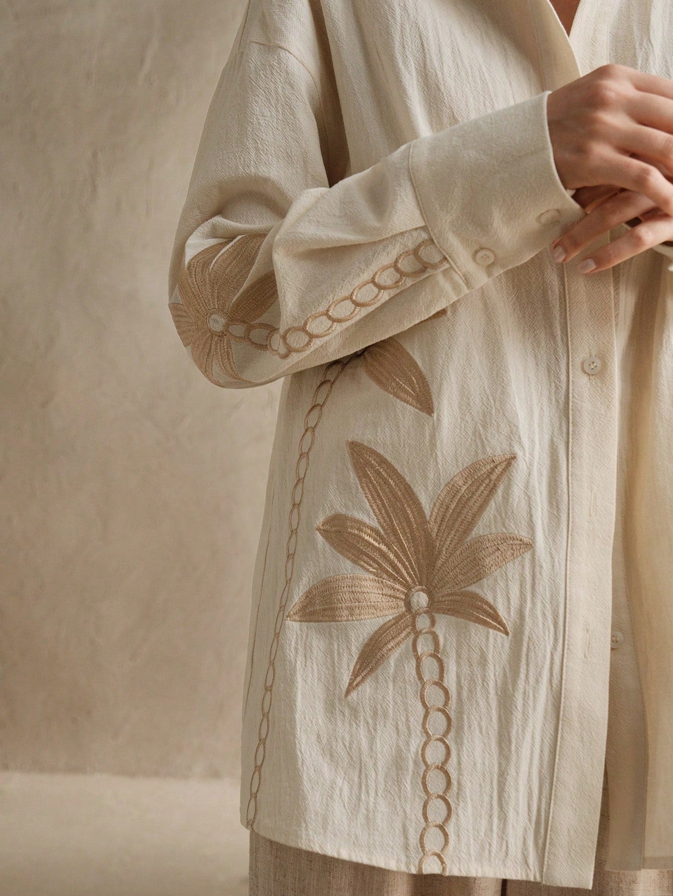 Beige Woven Craft Embroidered Apricot Long Sleeved Co-ord Set