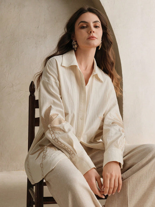 Beige Woven Craft Embroidered Apricot Long Sleeved Co-ord Set