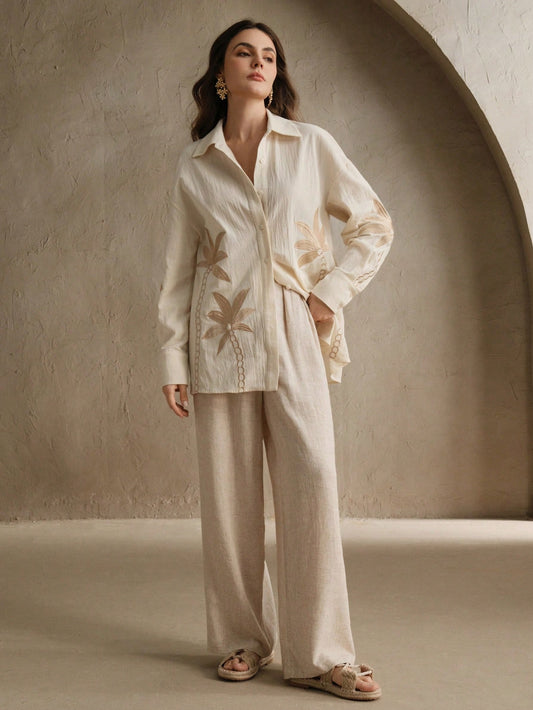 Beige Woven Craft Embroidered Apricot Long Sleeved Co-ord Set