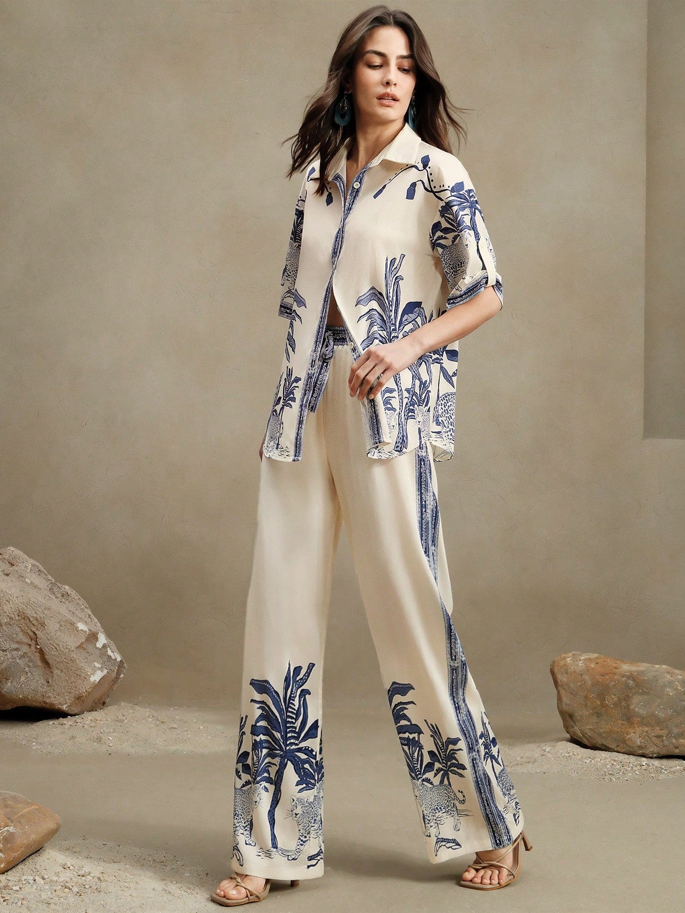 Loose Casual Old Money Style Printed Shirt And Wide Leg Pants