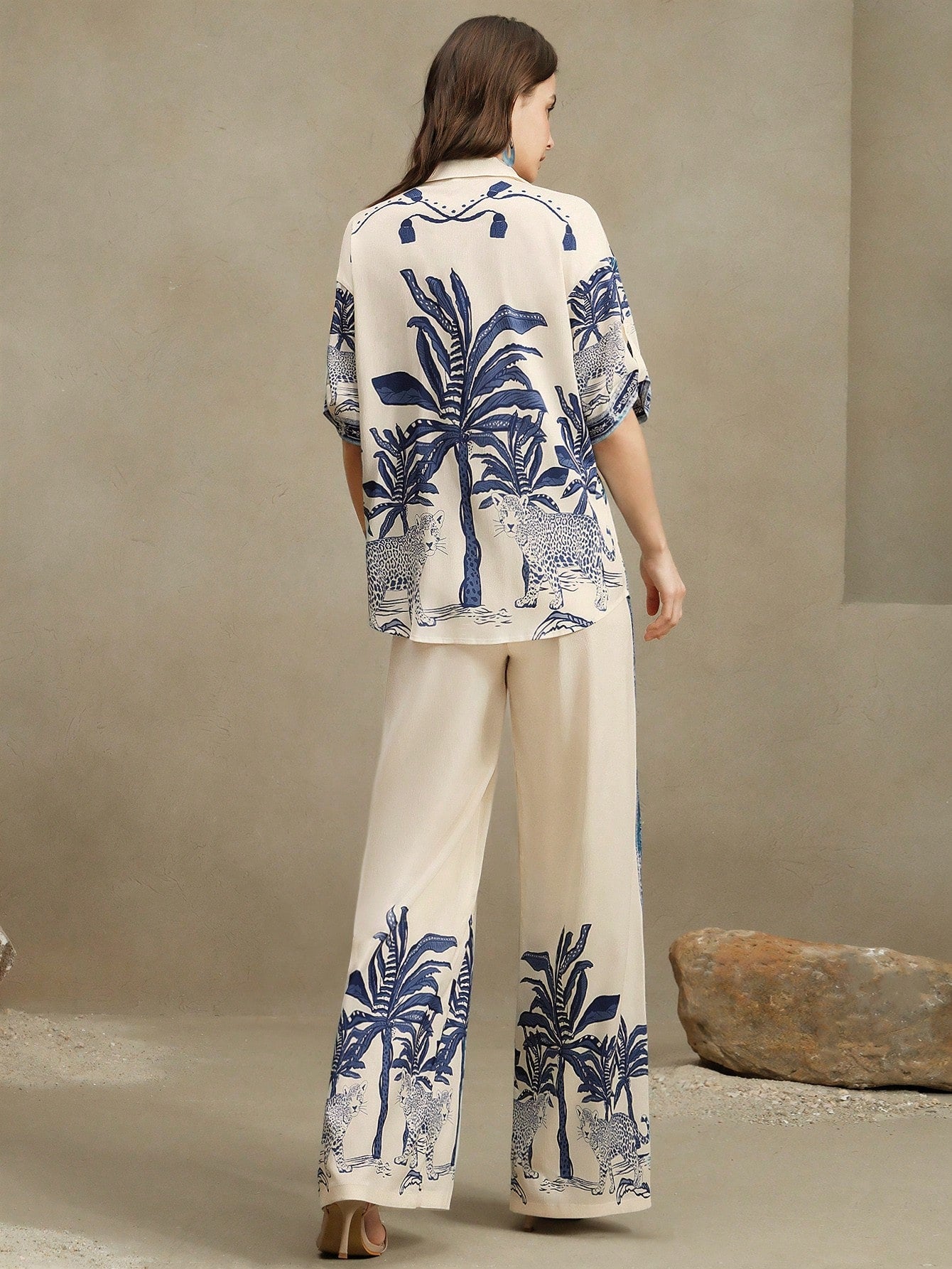 Loose Casual Old Money Style Printed Shirt And Wide Leg Pants