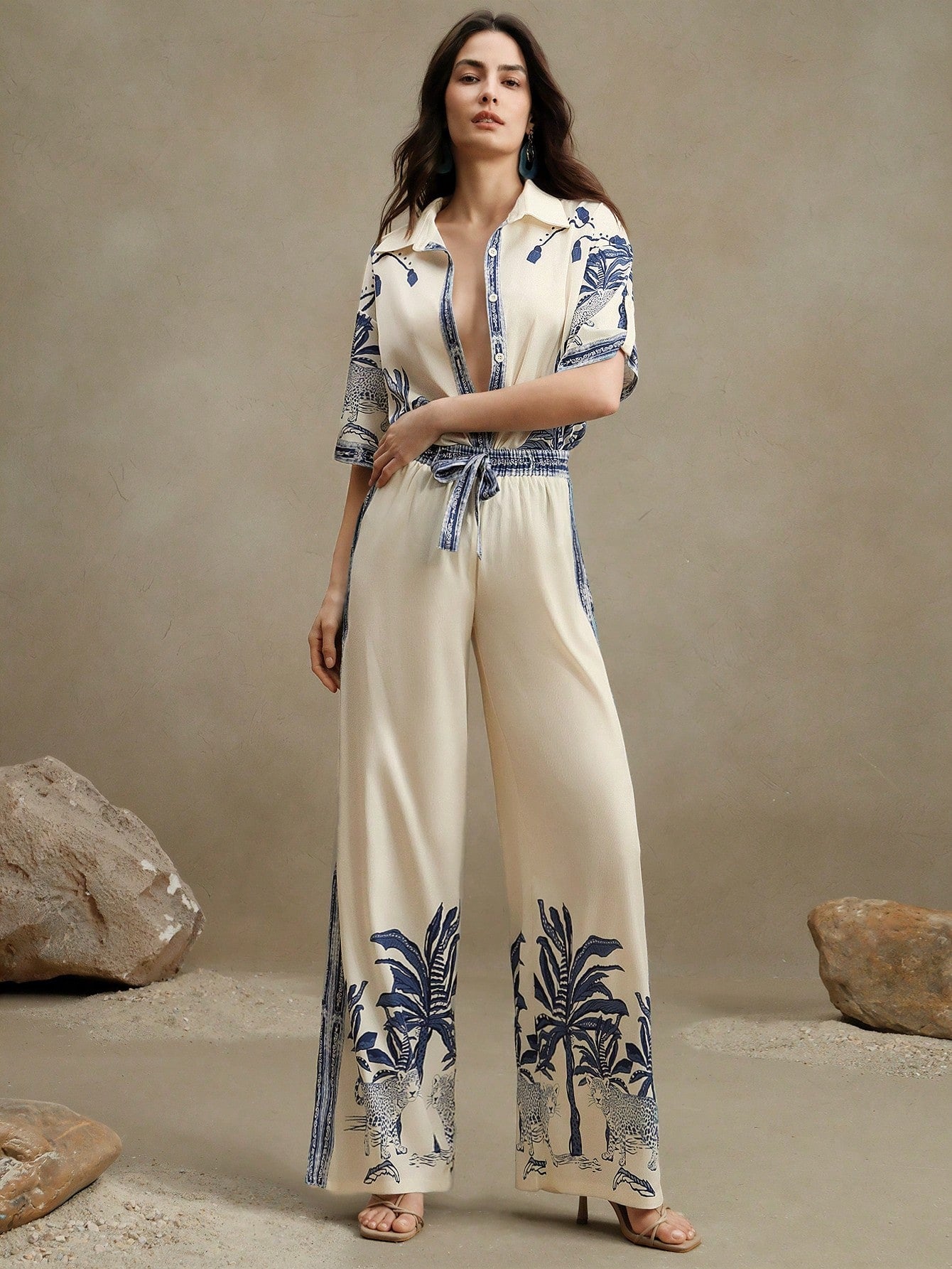 Loose Casual Old Money Style Printed Shirt And Wide Leg Pants