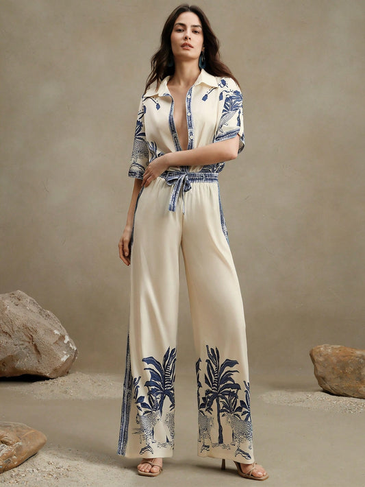 Loose Casual Old Money Style Printed Shirt And Wide Leg Pants