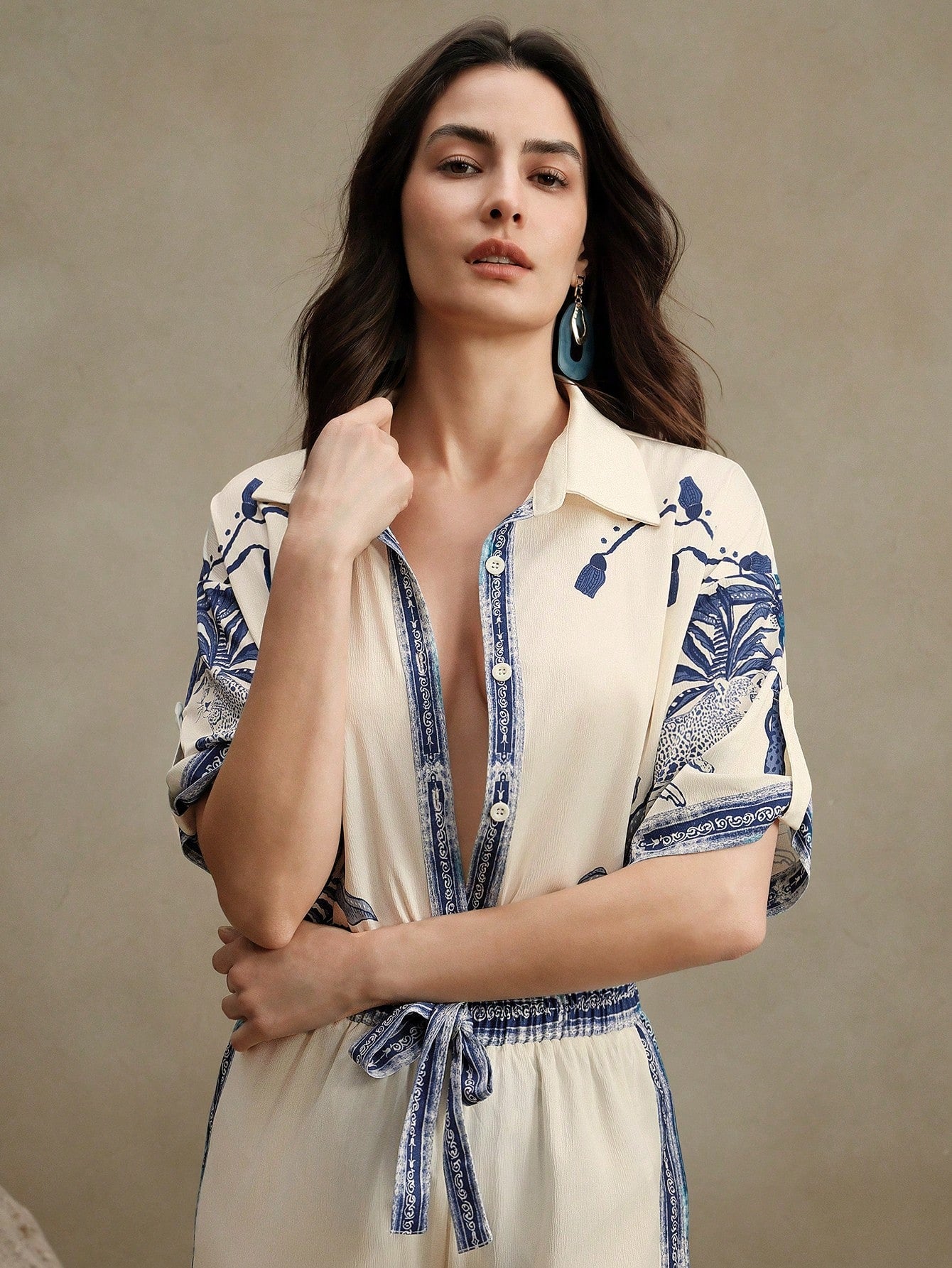 Loose Casual Old Money Style Printed Shirt And Wide Leg Pants