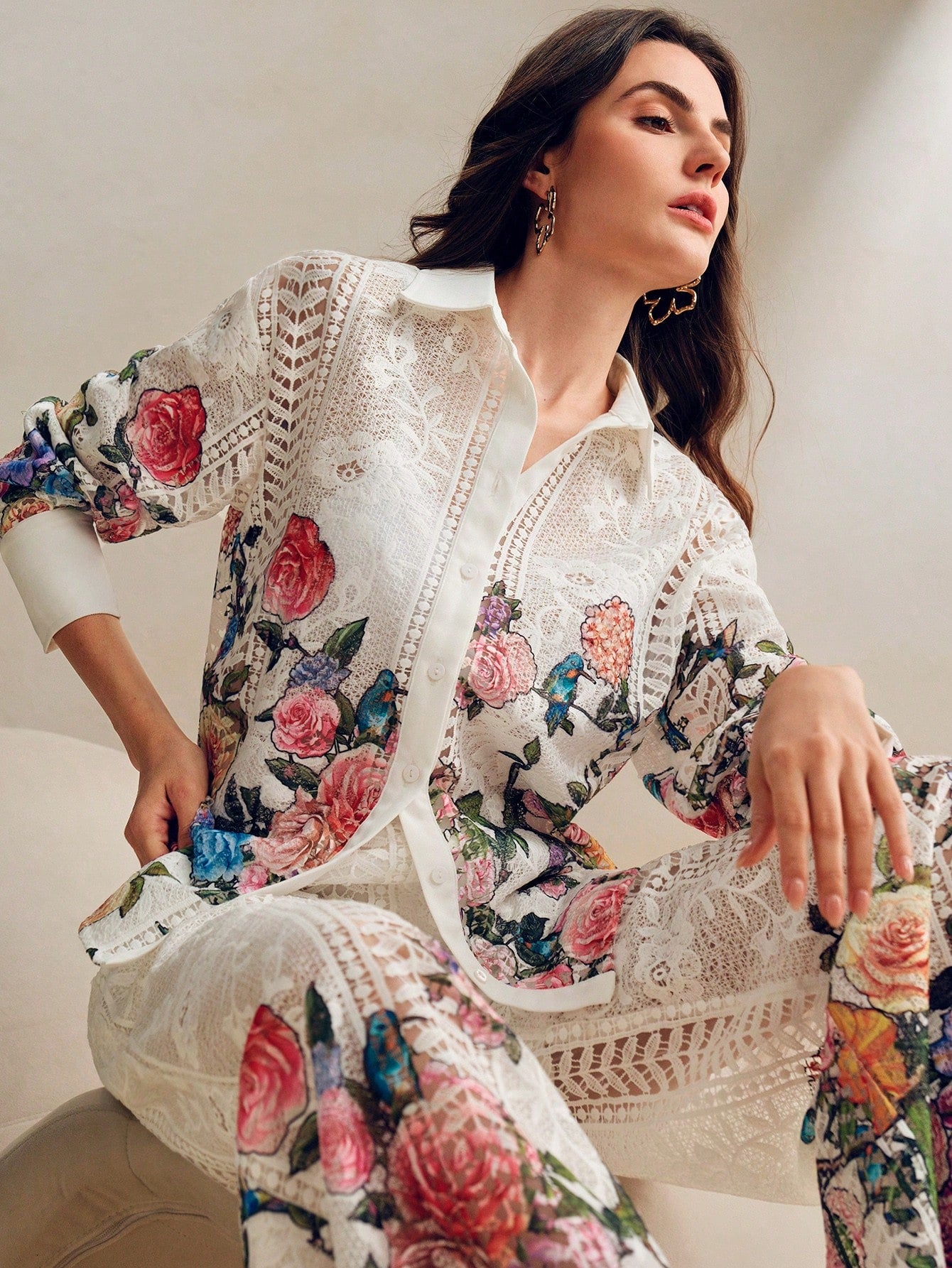 Colorful Print Lace Casual Long Sleeve Shirt And Wide Leg Pants Set