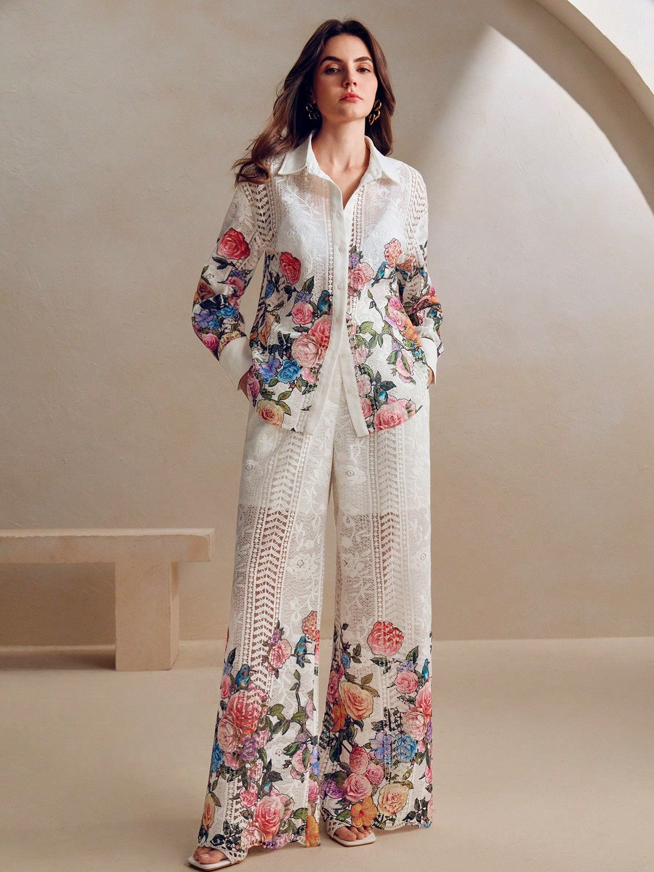 Colorful Print Lace Casual Long Sleeve Shirt And Wide Leg Pants Set