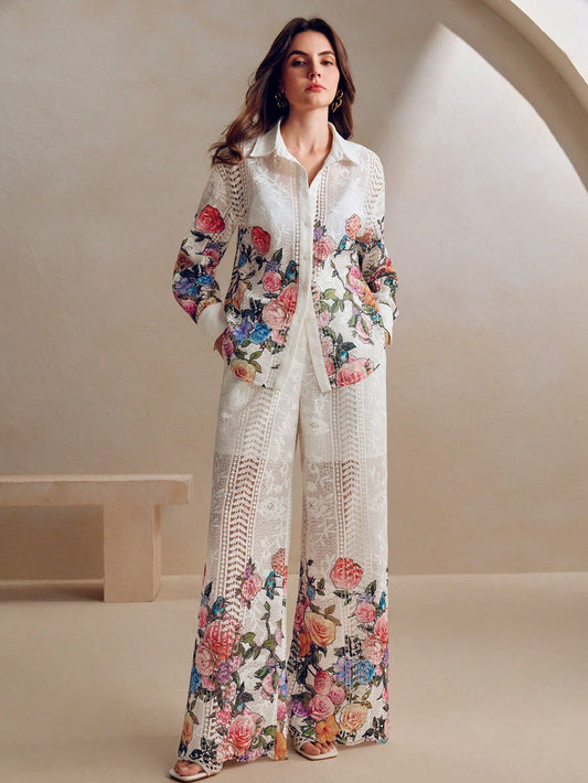 Colorful Print Lace Casual Long Sleeve Shirt And Wide Leg Pants Set