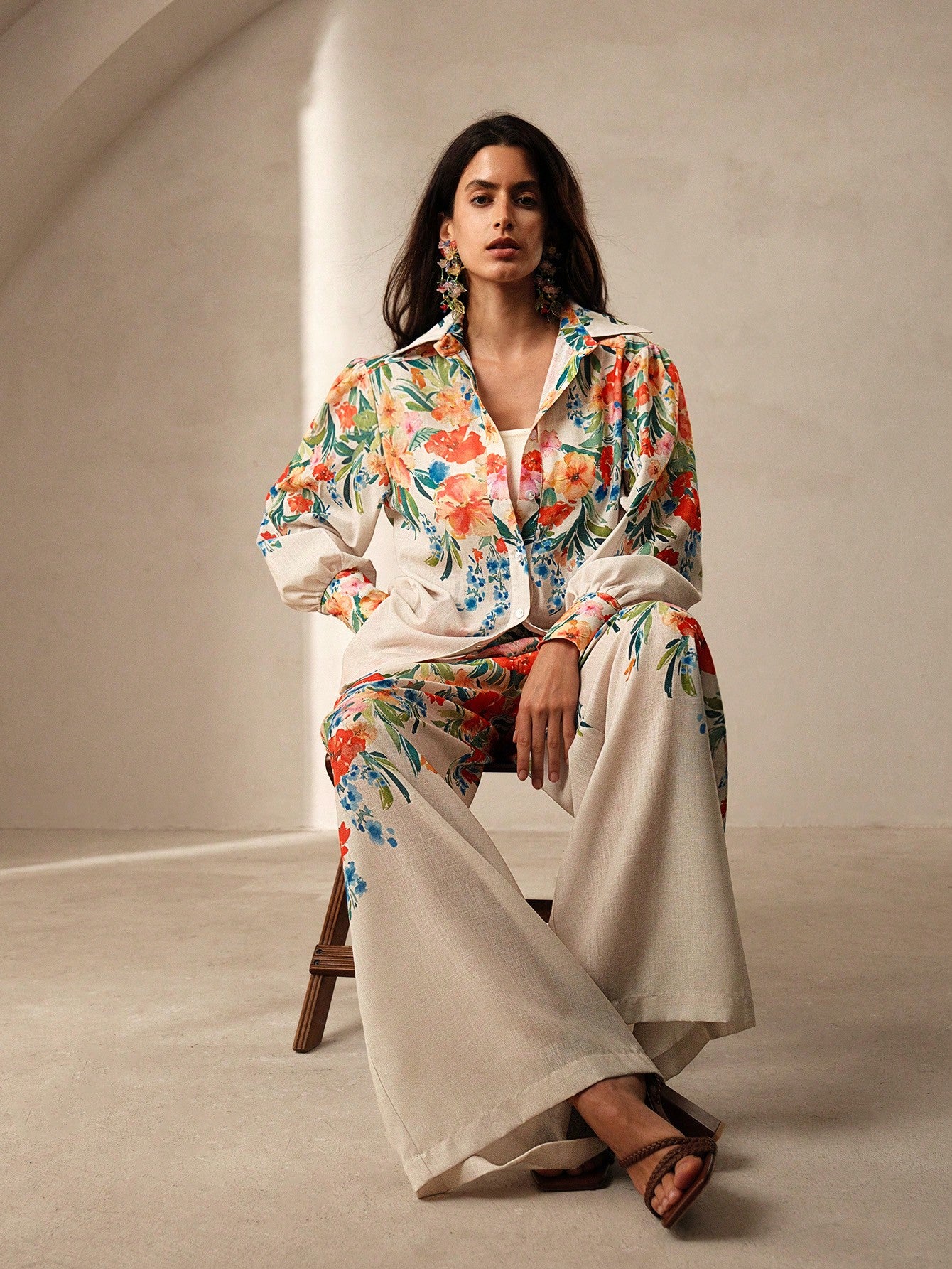 Romantic Floral Print Women Shirt And Pants Two Pieces Set