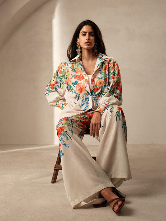 Romantic Floral Print Women Shirt And Pants Two Pieces Set