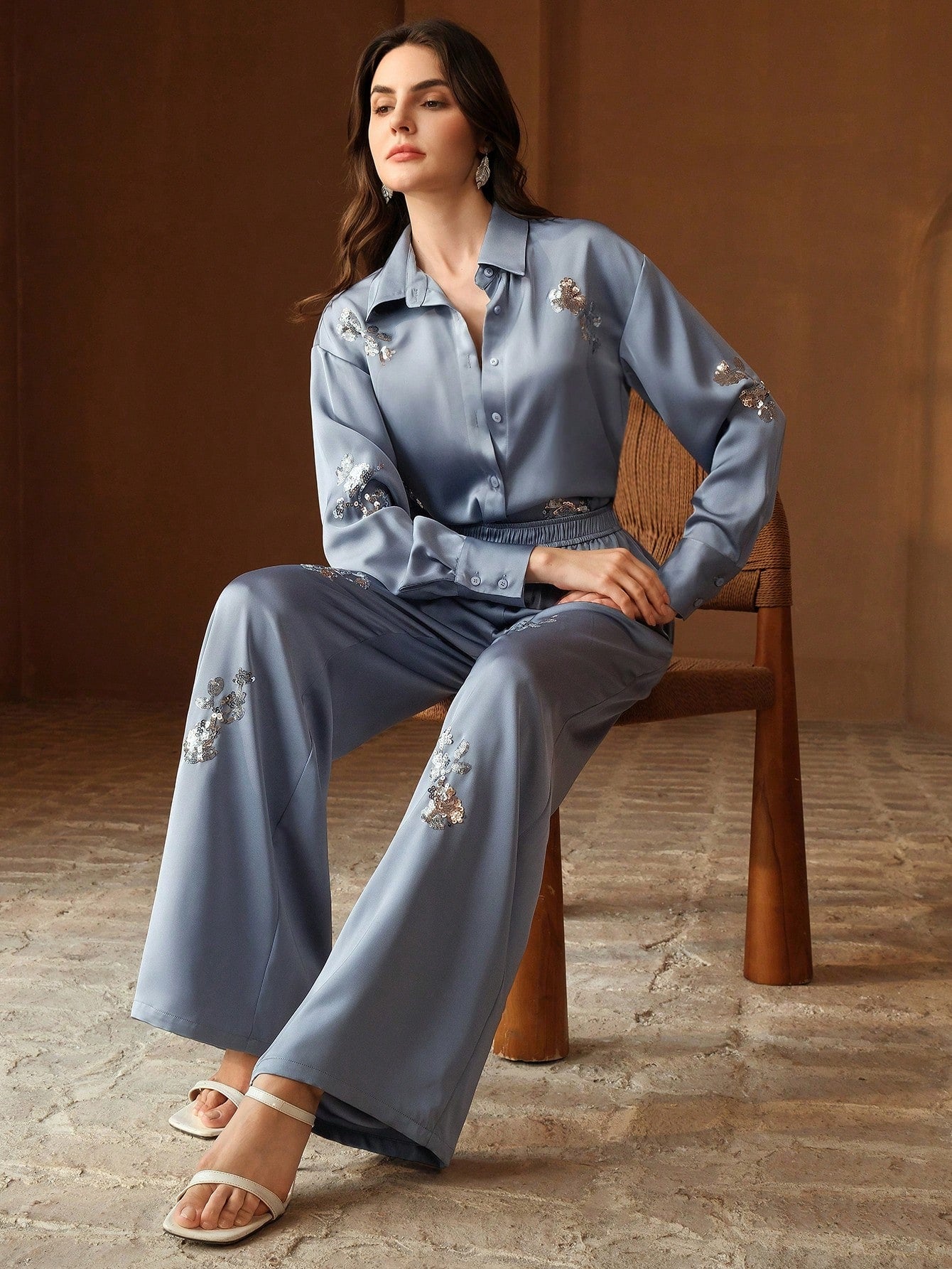 Casual Light Gray Sequin Embroidery Shirt And Pants Set For Women