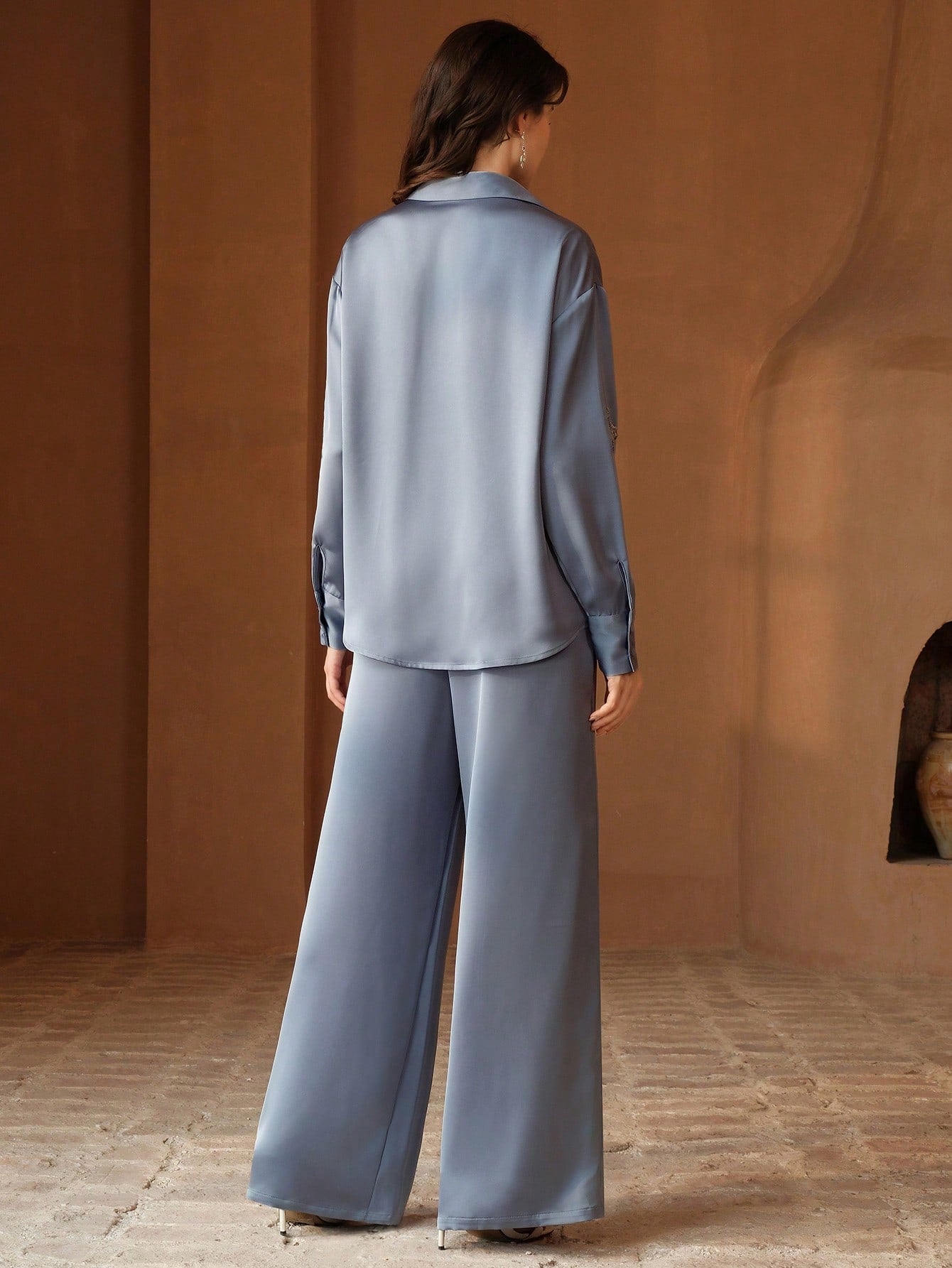 Casual Light Gray Sequin Embroidery Shirt And Pants Set For Women