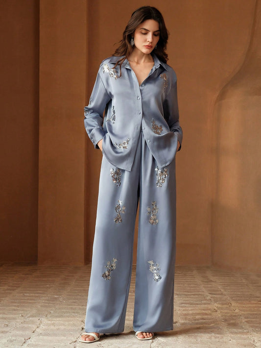 Casual Light Gray Sequin Embroidery Shirt And Pants Set For Women