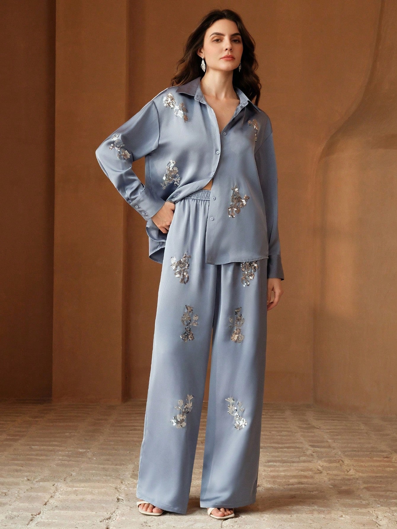 Casual Light Gray Sequin Embroidery Shirt And Pants Set For Women