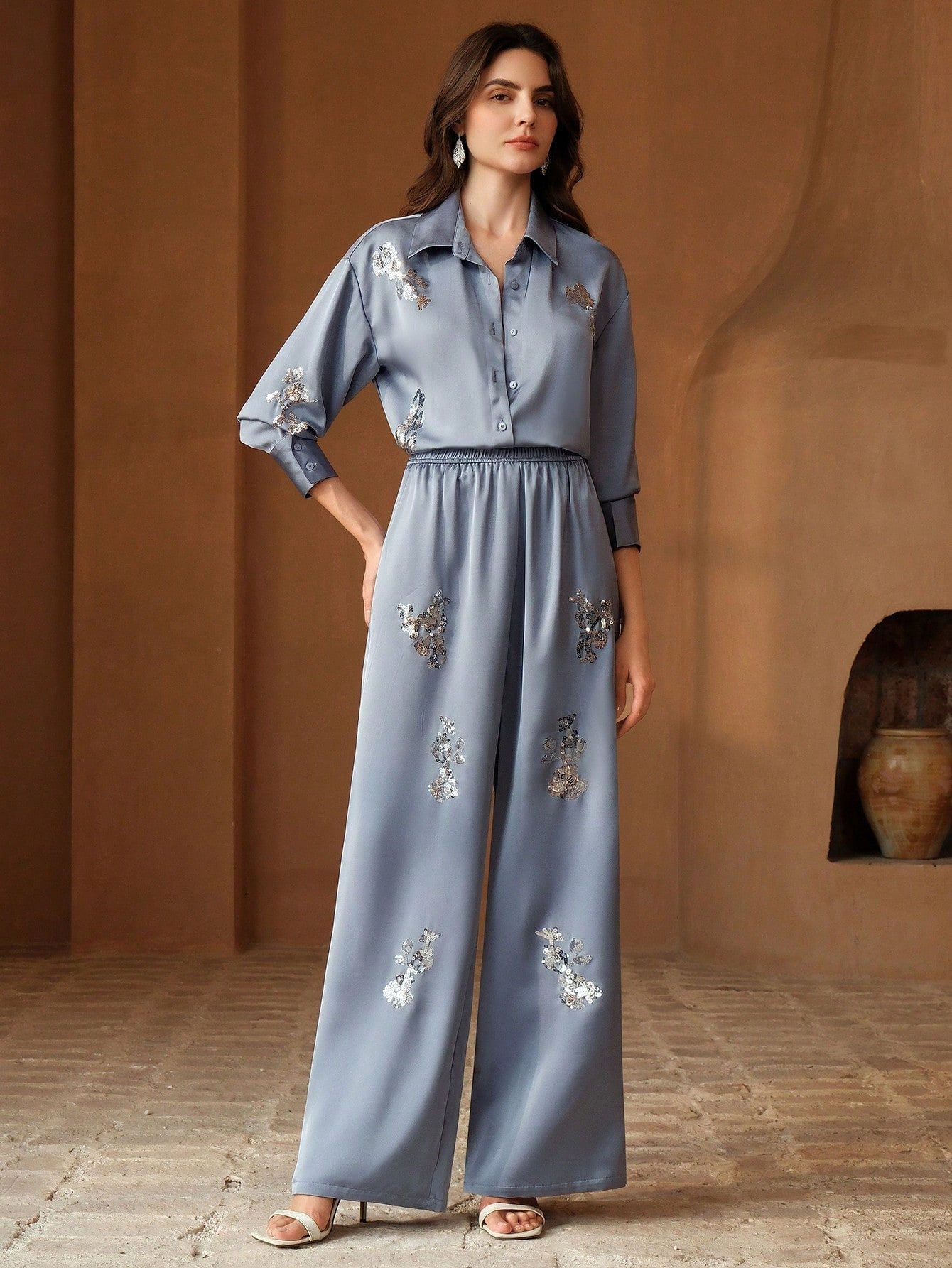 Casual Light Gray Sequin Embroidery Shirt And Pants Set For Women
