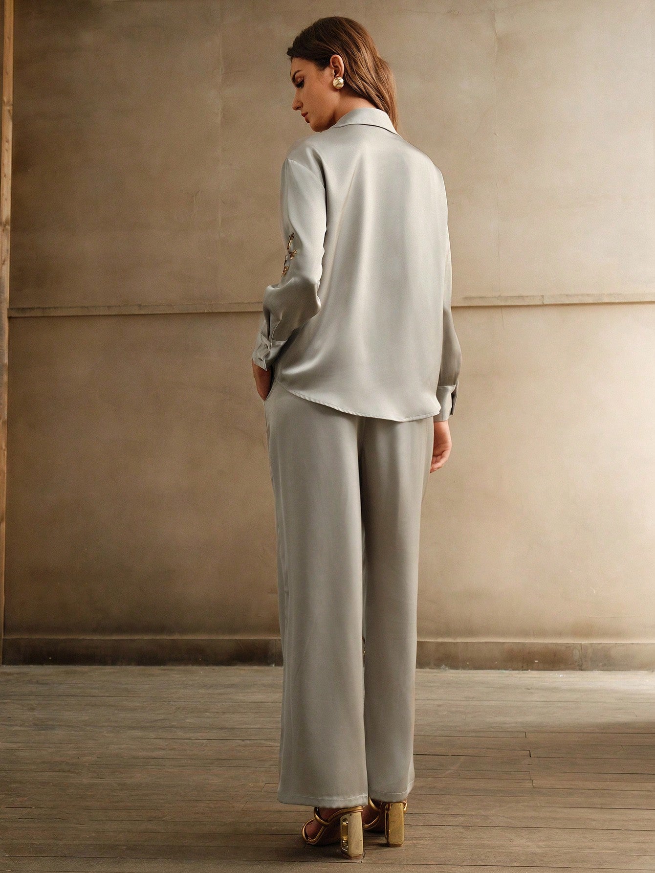 Mint Green Pearl Embroidered Shirt And Pants Set For Women