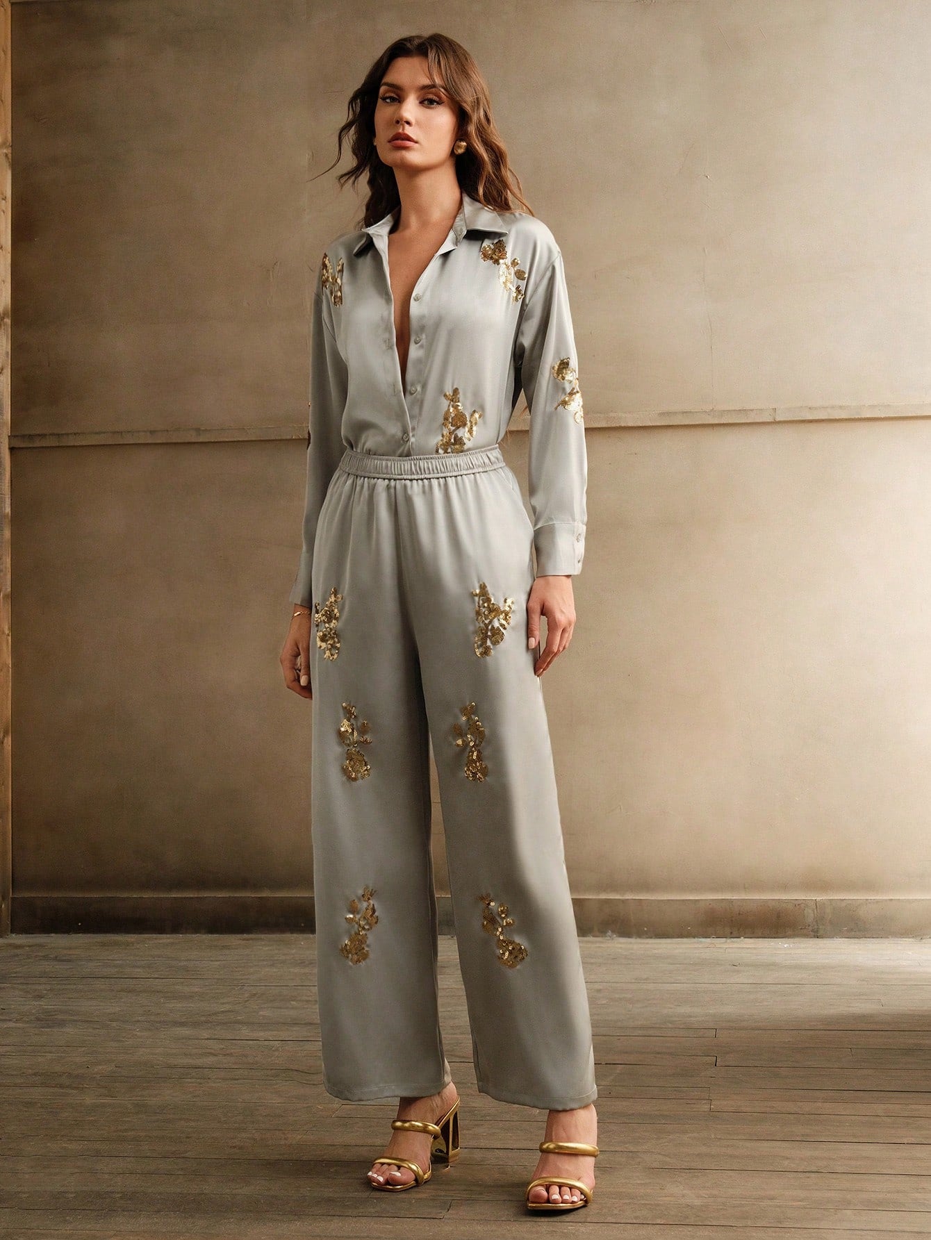 Mint Green Pearl Embroidered Shirt And Pants Set For Women
