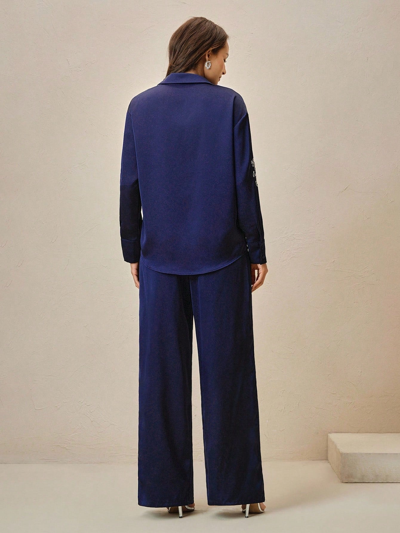 Navy Blue Sequin Embroidery Shirt And Pants Set For Women