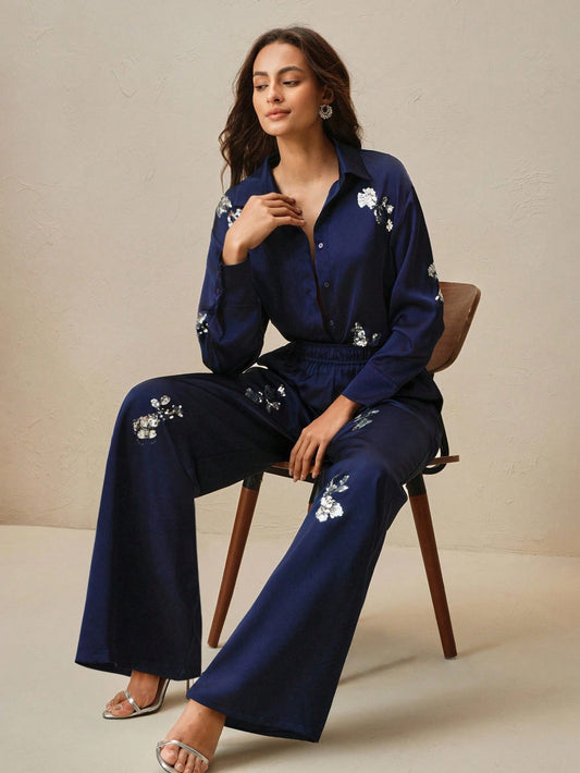 Navy Blue Sequin Embroidery Shirt And Pants Set For Women
