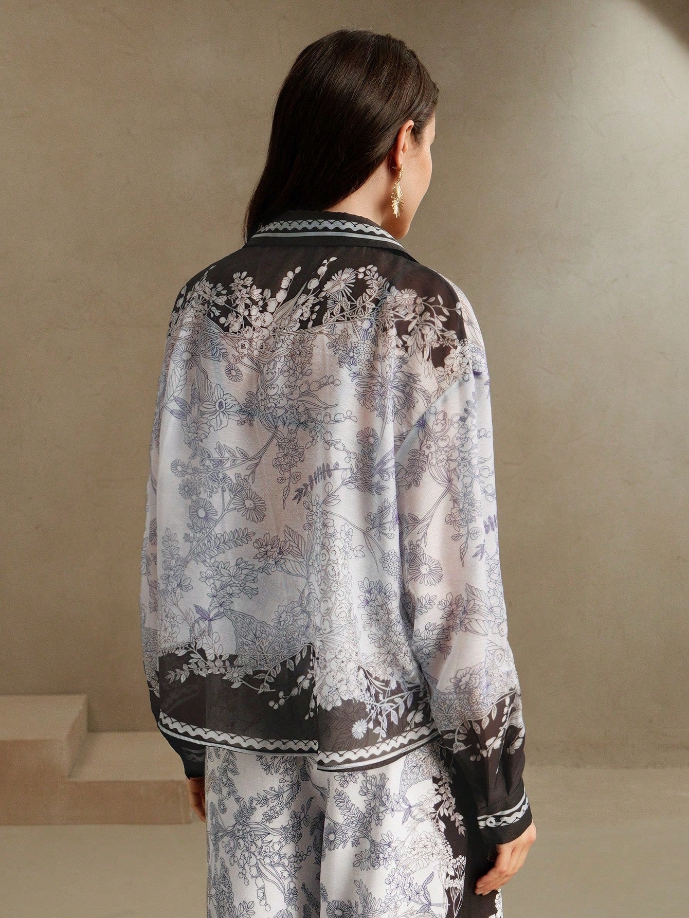 Floral Print Color-Blocked Chiffon Long Sleeve Co-ord Set