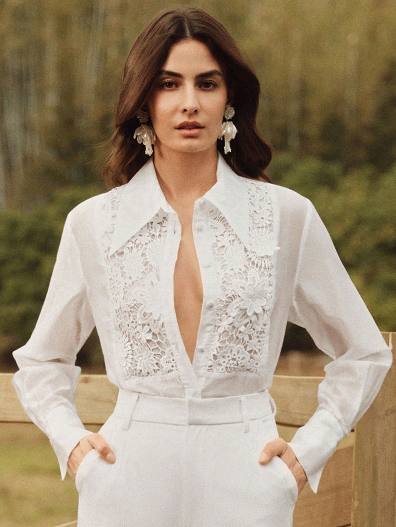 Women's White Lace Applique Turndown Collar Co-ord Set