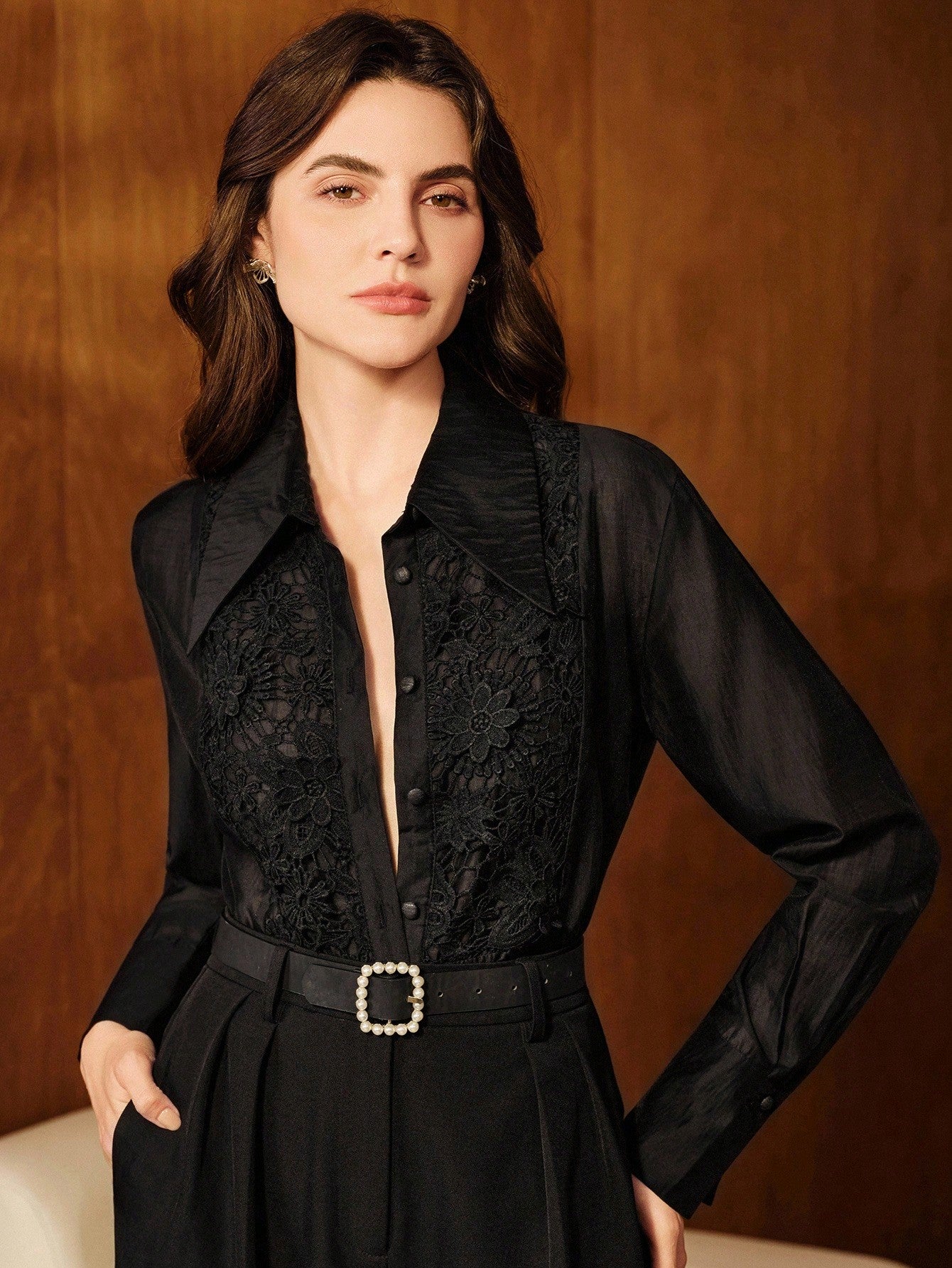 Women's Lace Applique Turndown Collar Co-ord Set