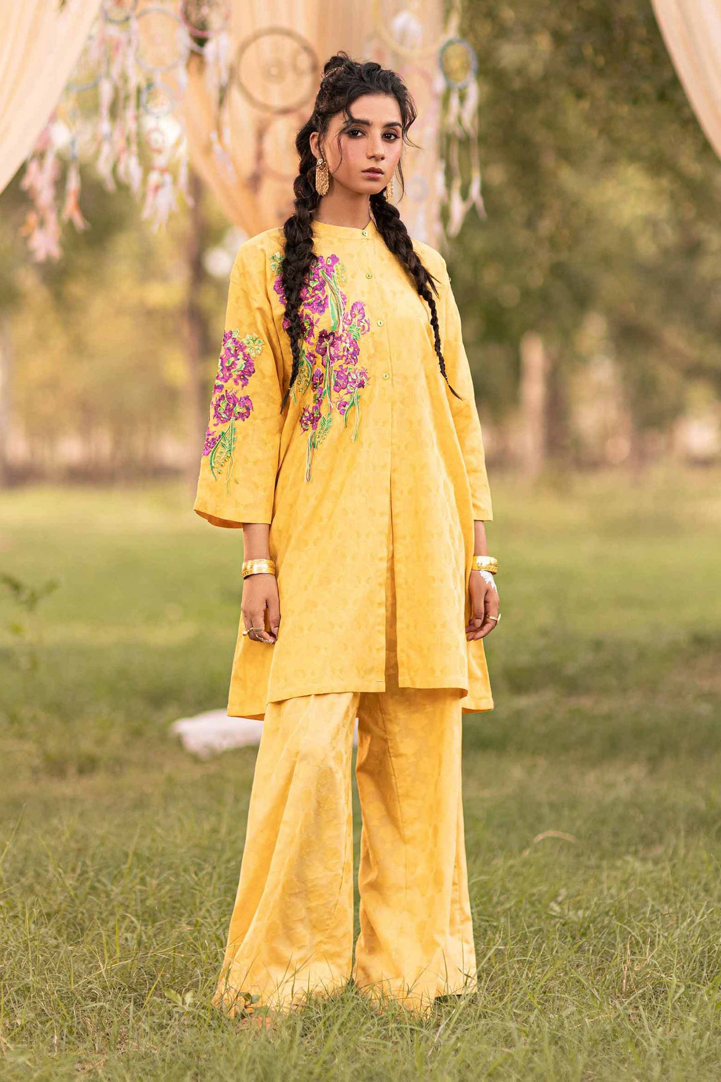 Golden Glow Floral Embroidered Suit