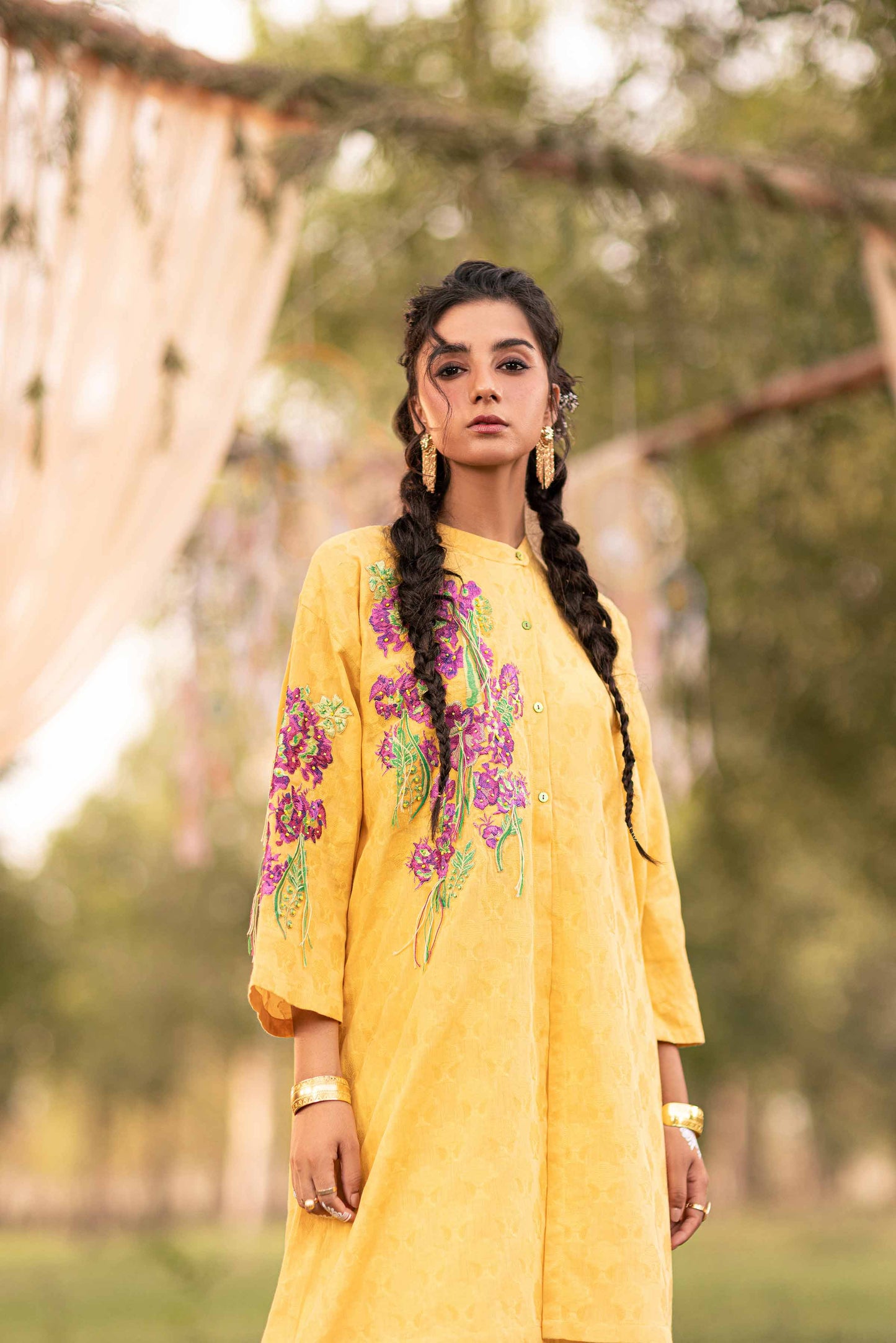 Golden Glow Floral Embroidered Suit