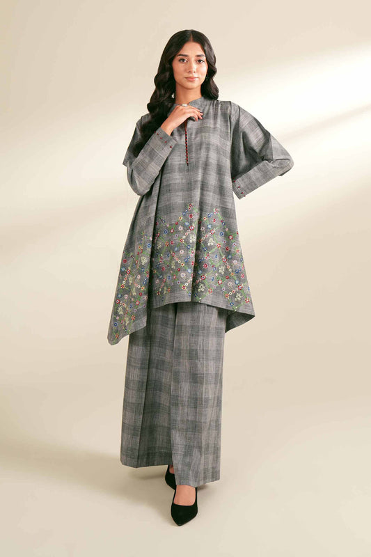 Grey Plaid & Multicolor Embroidered Co-ord Suit