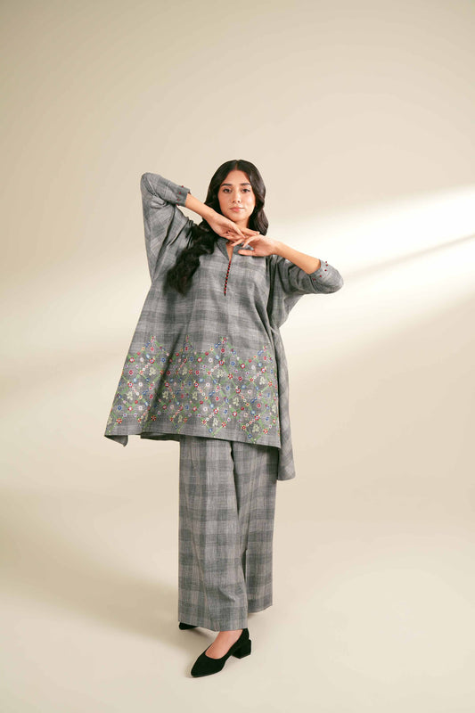Grey Plaid & Multicolor Embroidered Co-ord Suit