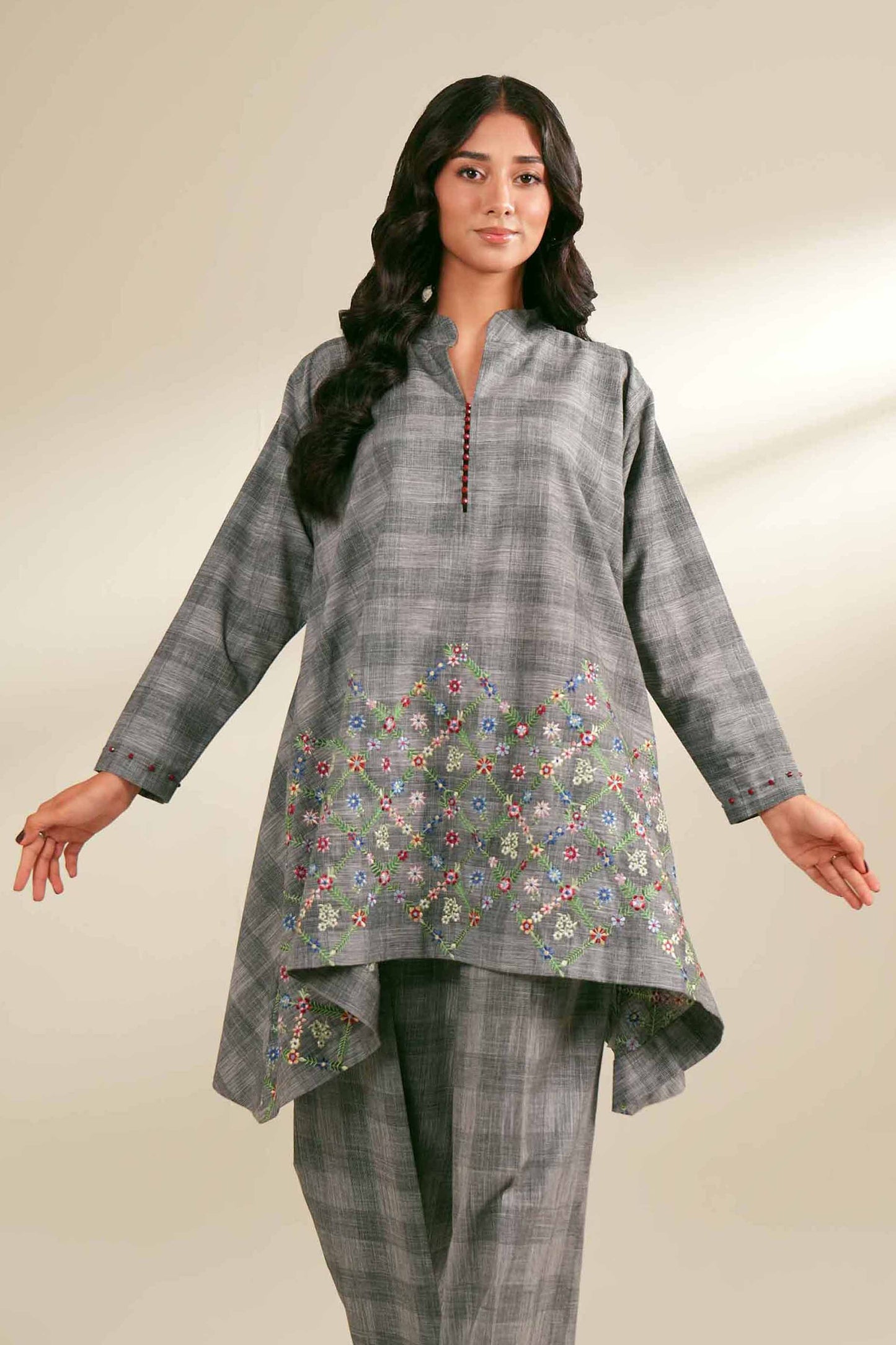 Grey Plaid & Multicolor Embroidered Co-ord Suit