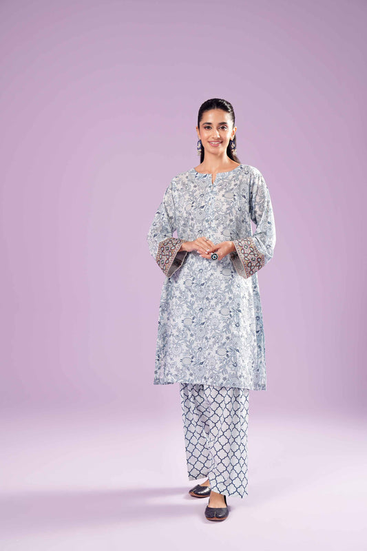 Elegant Blue Paisley Kurta with Geometric Pants Set