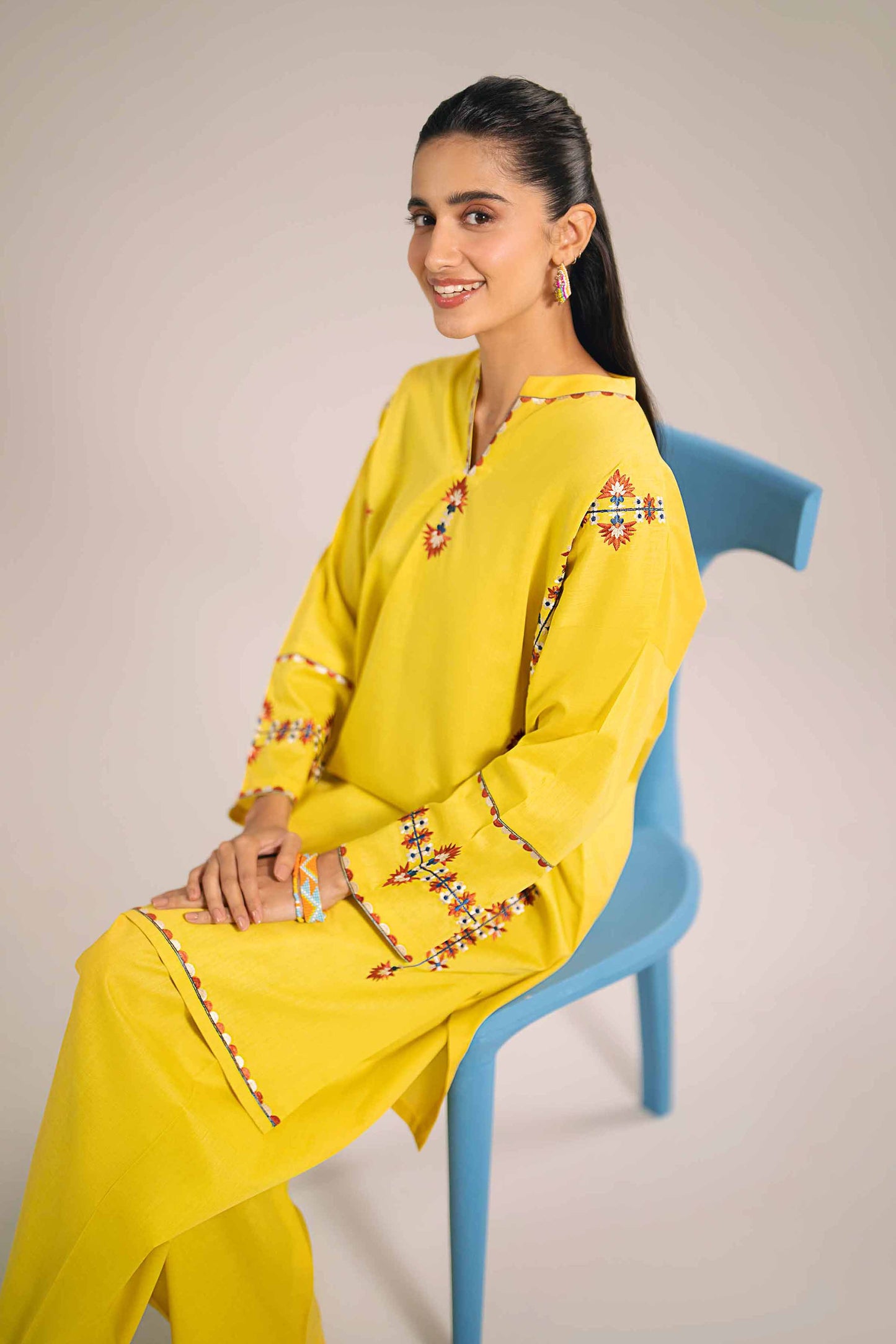 Bright Yellow Floral Embroidered Outfit